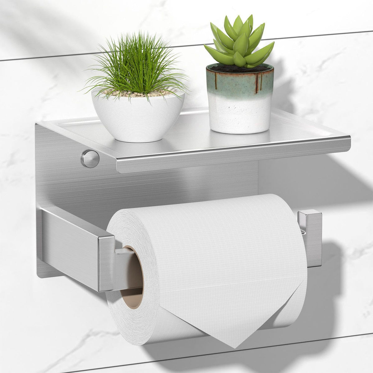 Hitslam Brushed Nickel Toilet Paper Holder, Stick On Silver Toilet Paper Holder With Shelf, Self Adhesive No Drill Or Wall-Mount