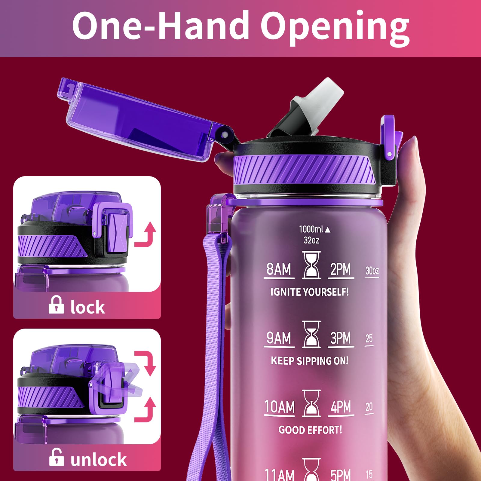 Qlur Water Bottle With Straw, 32Oz Motivational Water Bottles With Time Marker To Drink, Tritan Bpa Free, 1L Sports Water Bottle