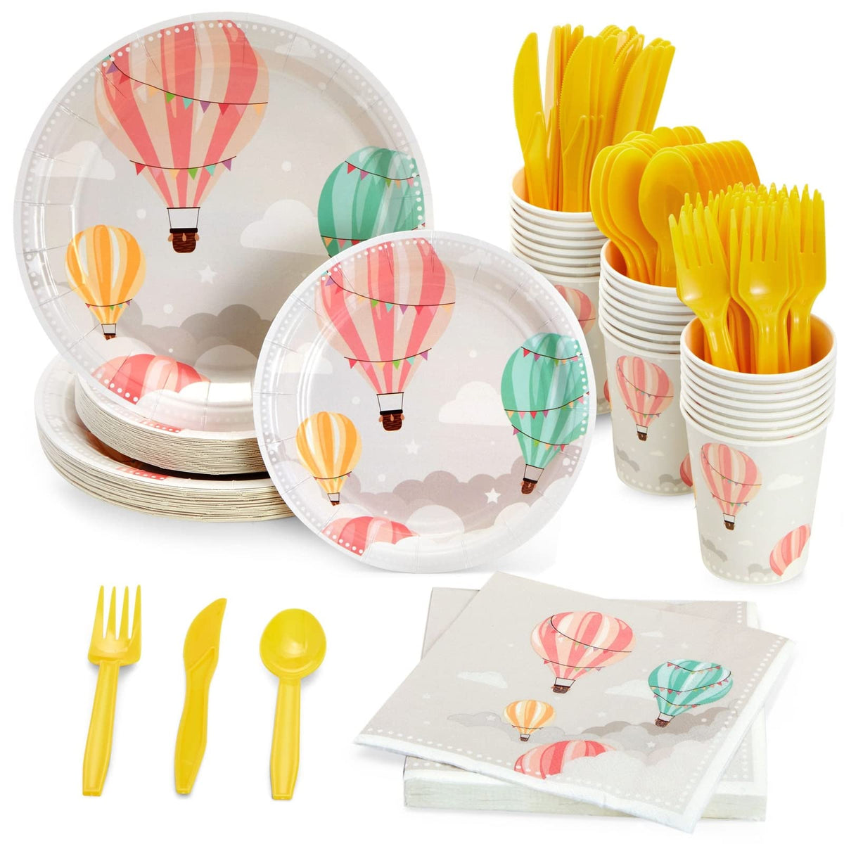Sparkle And Bash 168-Piece Hot Air Balloon Party Decorations For Baby Shower, Birthday Party, Disposable Dinnerware Set With Pap