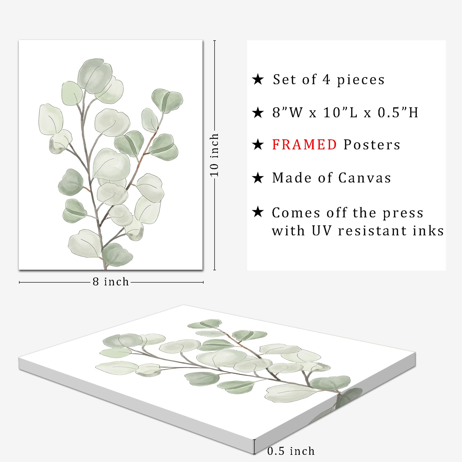 FRAMED Botanical Plant Canvas Wall Art | Boho Plant Wall Decor for Bedroom | Minimalist Floral Prints for Living Room | Light Green Botanical Art Painting for Office | Eucalyptus Leaf Picture | Set of 4 | 8