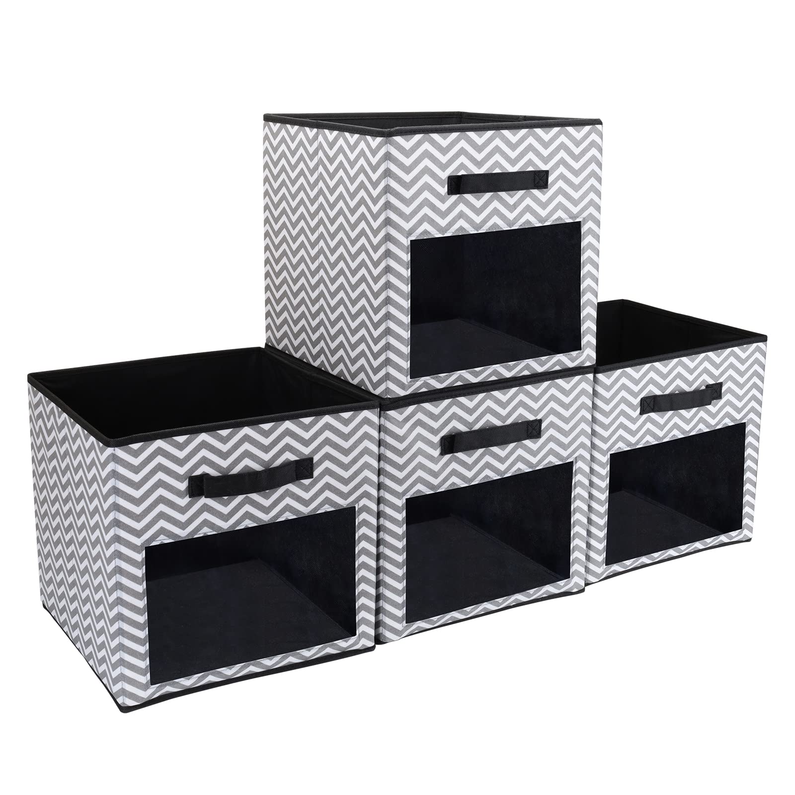 Domeraax Cube Storage Bin 4 Pack With Clear Window Large Boxes Basket With Handles Fabric Closet Organizer 13'' X 13'' X 13'' Gr