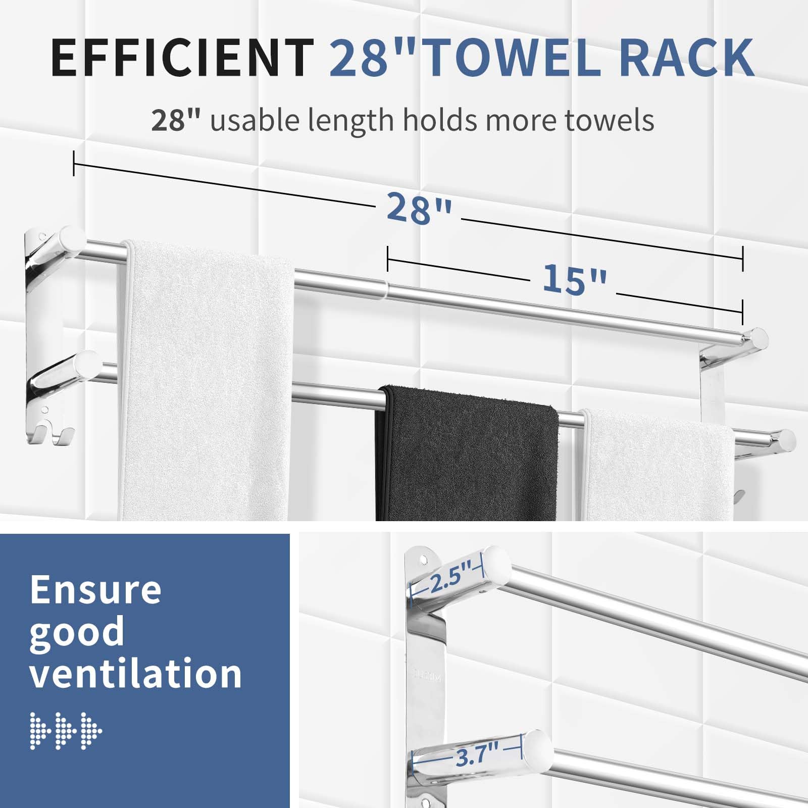 Kahcnvn Towel Racks For Bathroom, 24Inches Adjustable Towel Rack, Stainless Steel Screw Mounting Bathroom Towel Holder, Tape Hoo