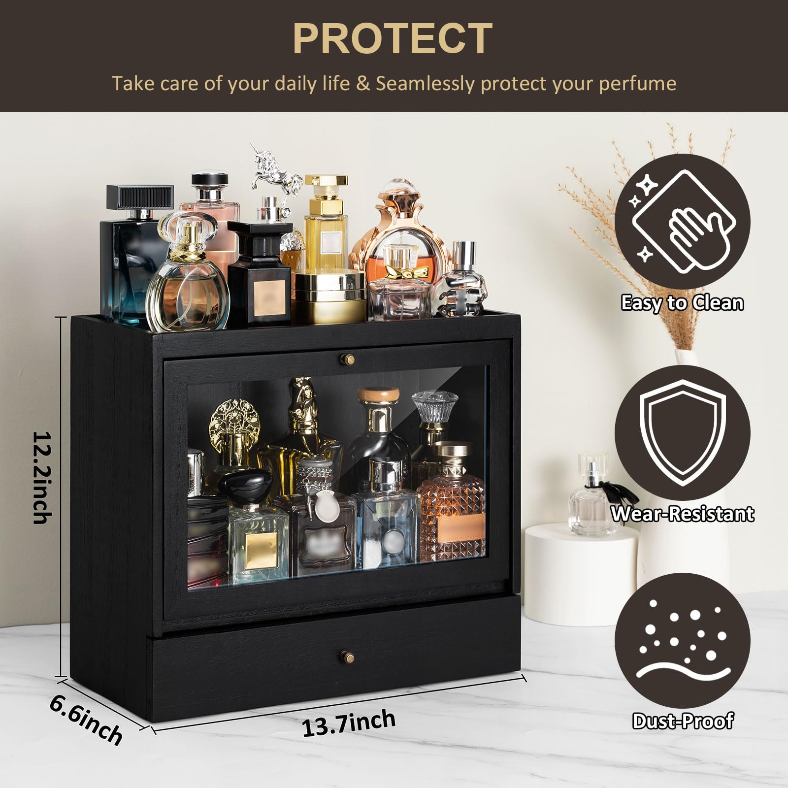Emfogo Cologne Organizer for Men, Solid Wood Perfumes Organizer for Men Dresser, Large Capacity Dustproof Cologne Holder with Dr