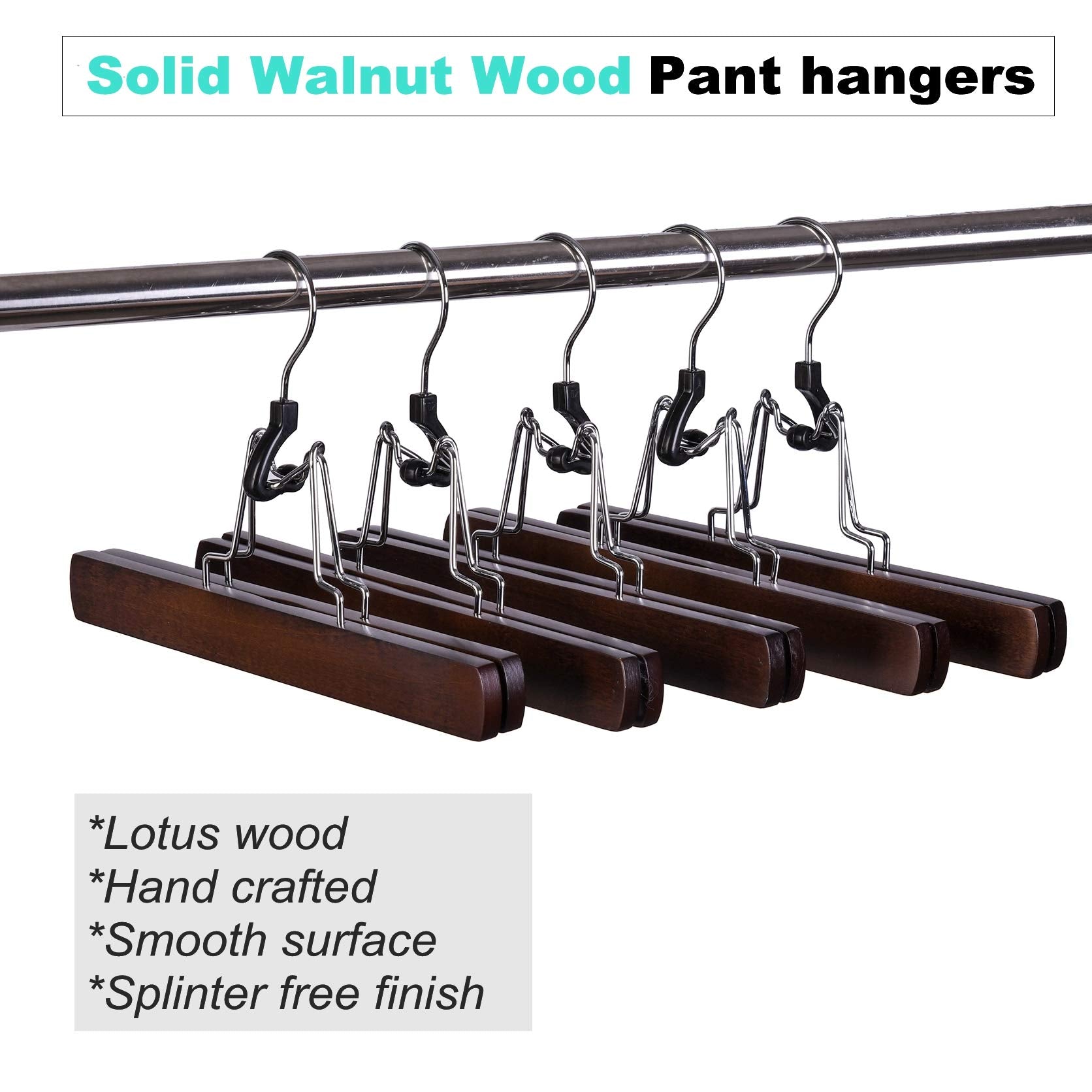 Amber Home 10 Pack Walnut Wooden Pants Hangers, Wood Clamp Hangers With Non Slip Padded Velvet, Jeans/Slacks Hangers Hair Extens