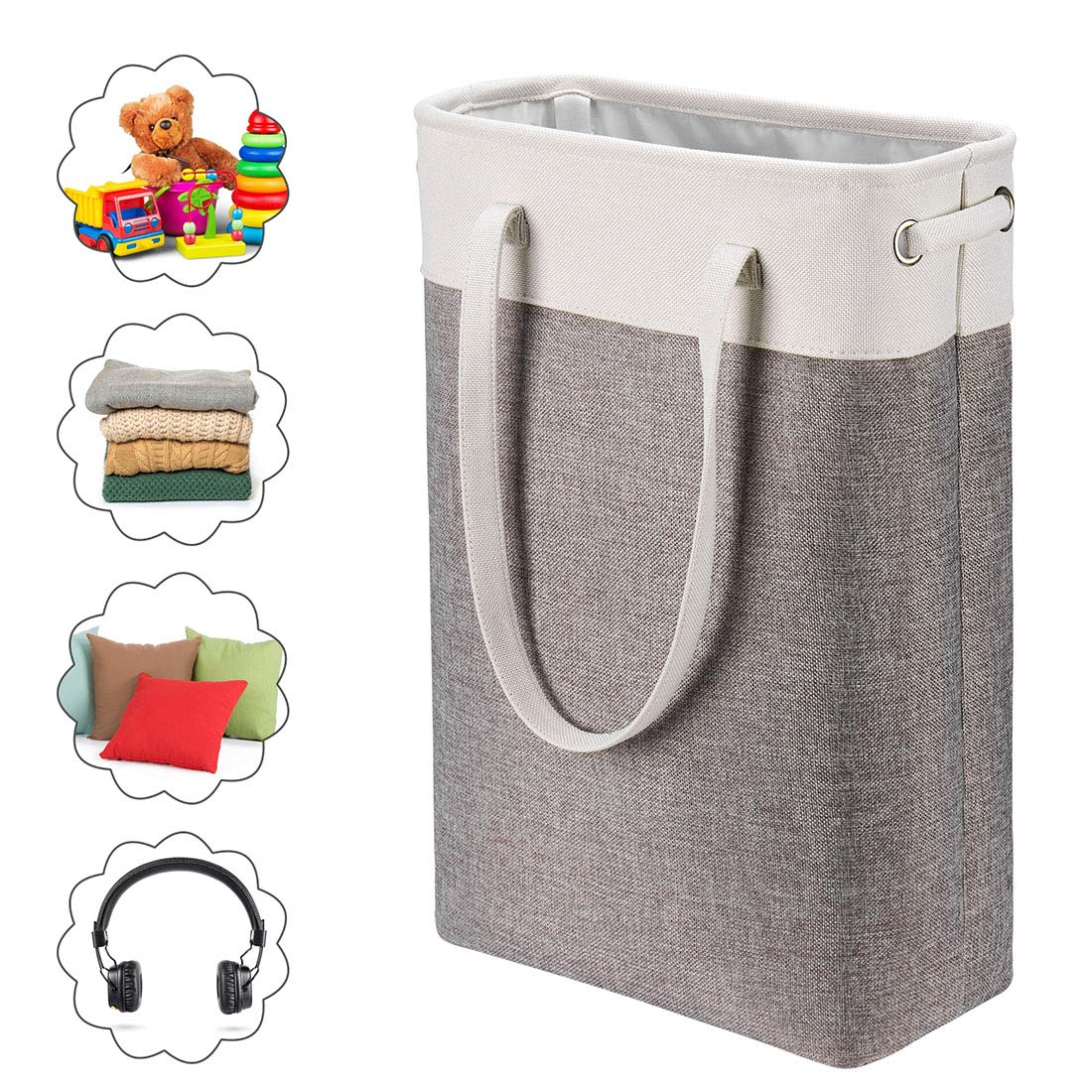 i BKGOO Laundry Basket with Handles white&Grey Coffee-Slim Laundry Bin Collapsible Dirty Clothes Basket Narrow Laundry Bag Foldable Dirty Hamper for Camping  Dorms  Apartments