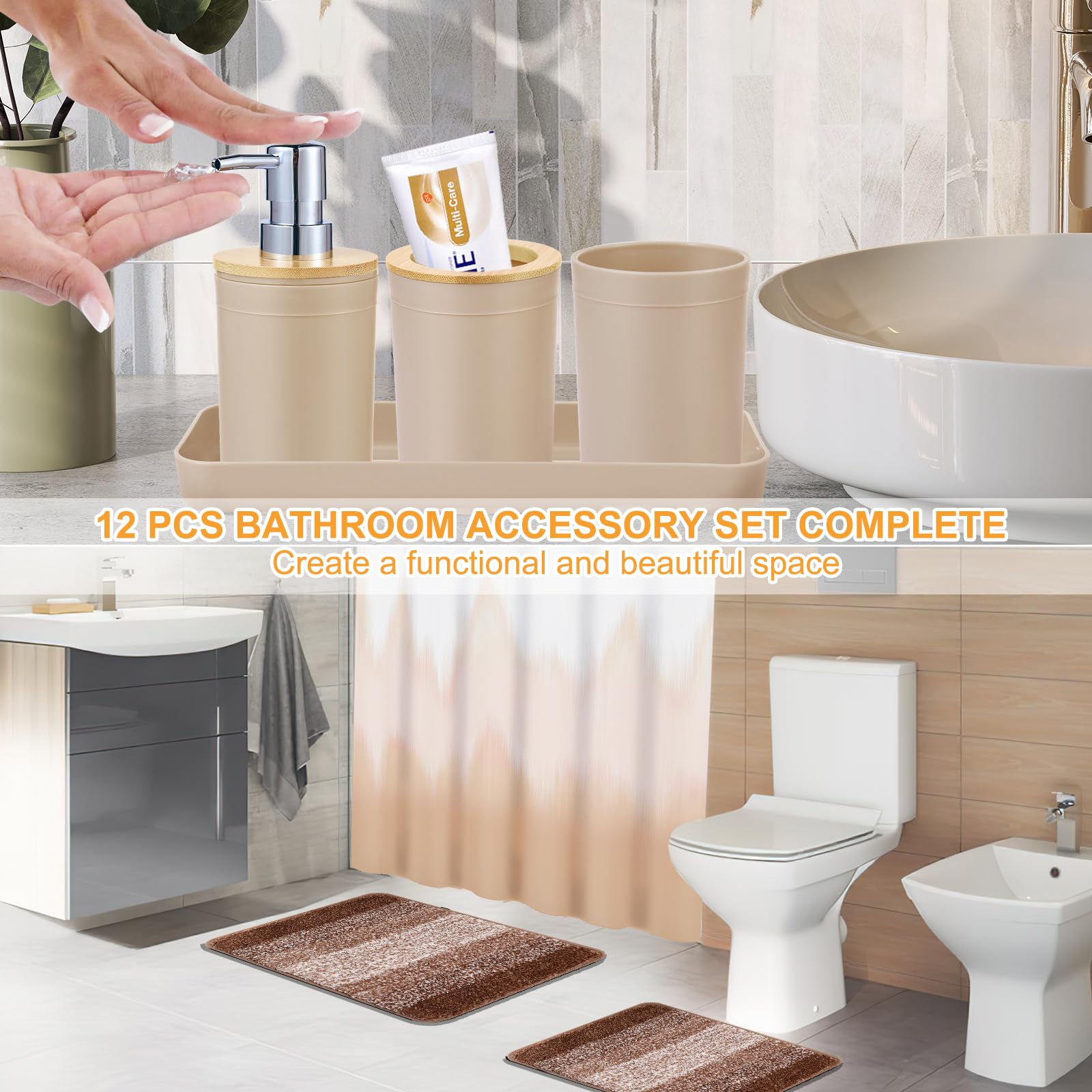Imucci Bathroom Accessories Beige Bathroom Sets With Shower Curtain And Rug, Beige Ombre Waterproof Shower Curtain With Ultra Ab