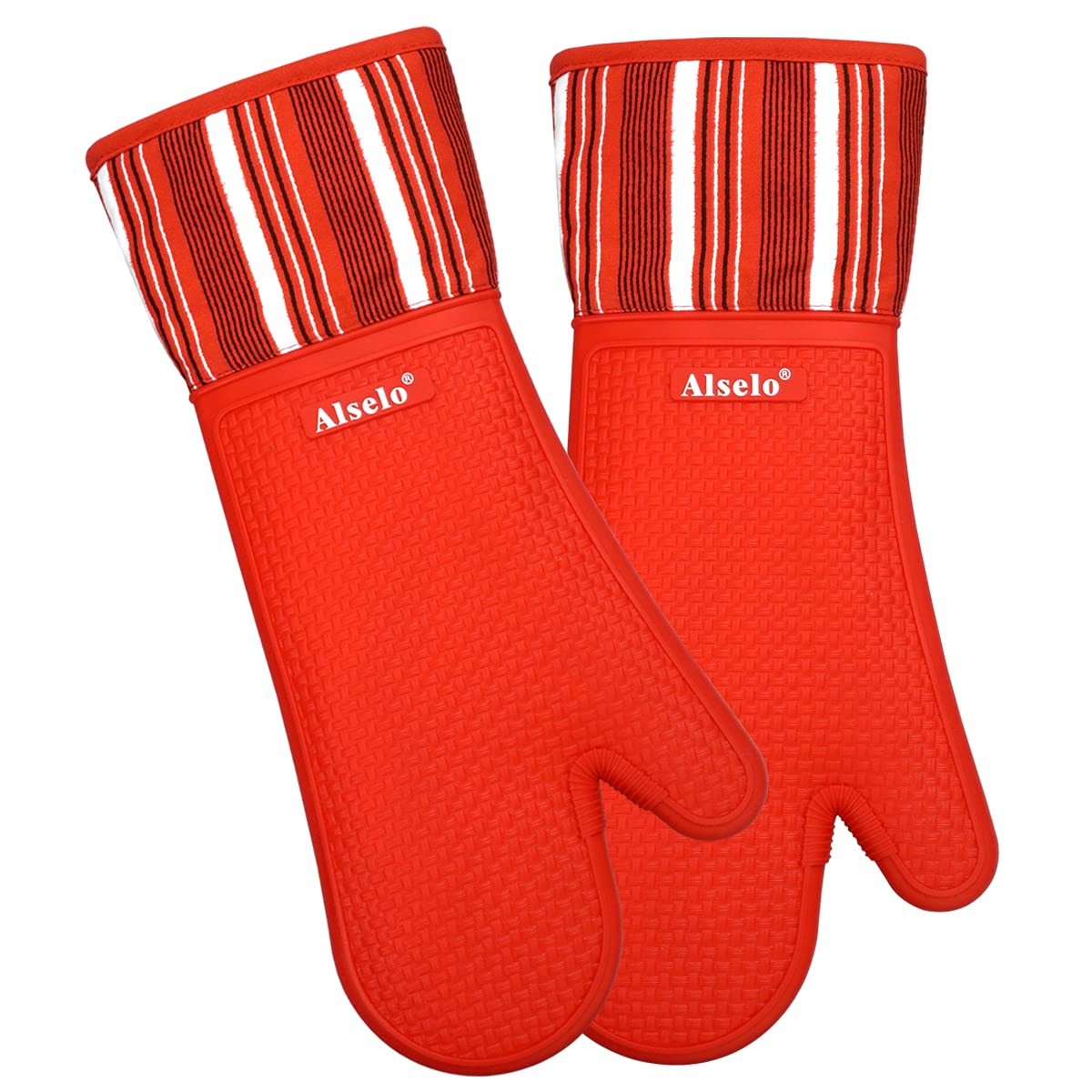 Alselo Silicone Oven Mitts Heat Resistant 550 Degree, Extra Long Kitchen Mittens With Non-Slip And Waterproof Pot Holders For Ba
