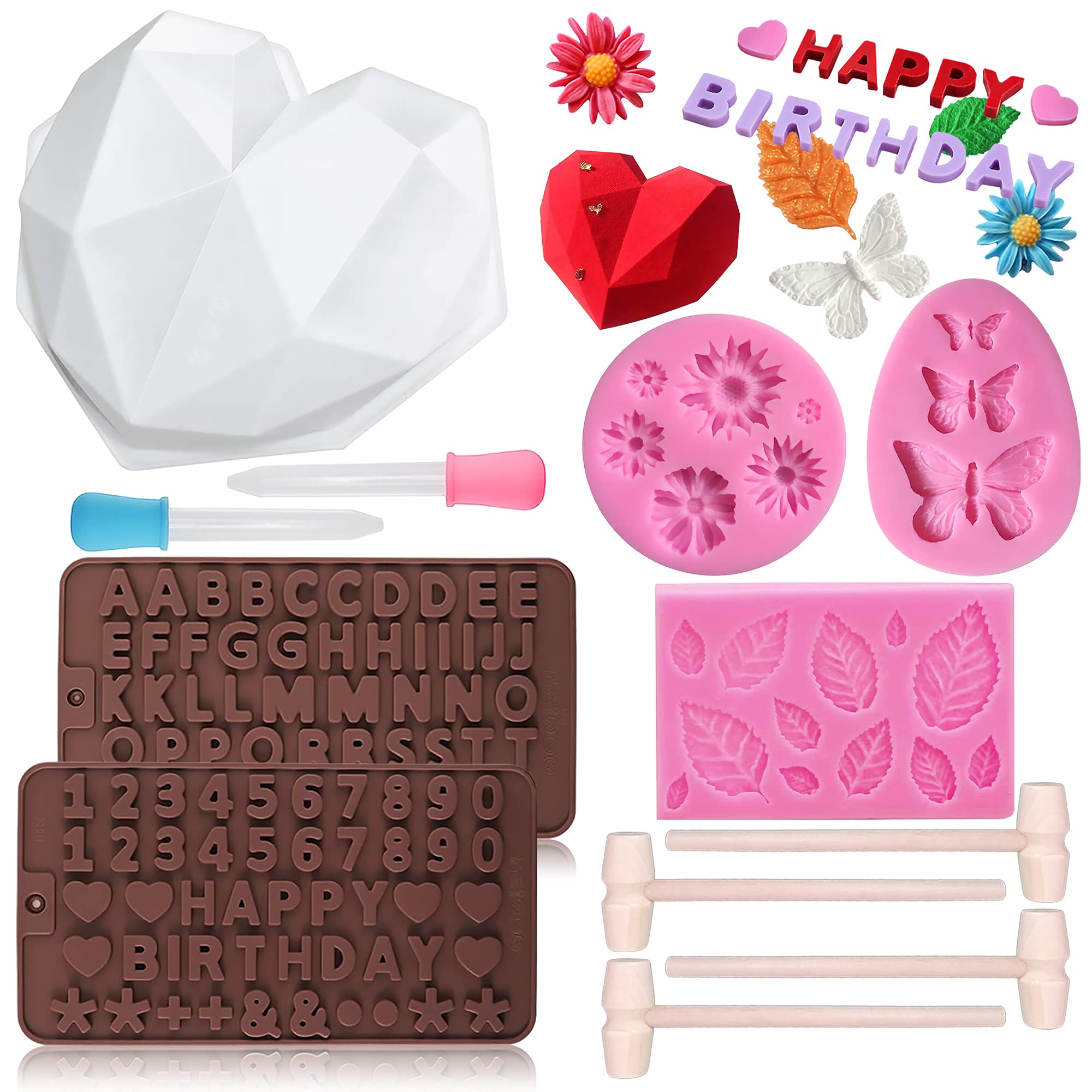Twavang Chocolate Molds Set Of 12, Include Breakable Heart Mold, Letter And Number Silicone Molds, Leaf Mold, Daisy Flower Mold,