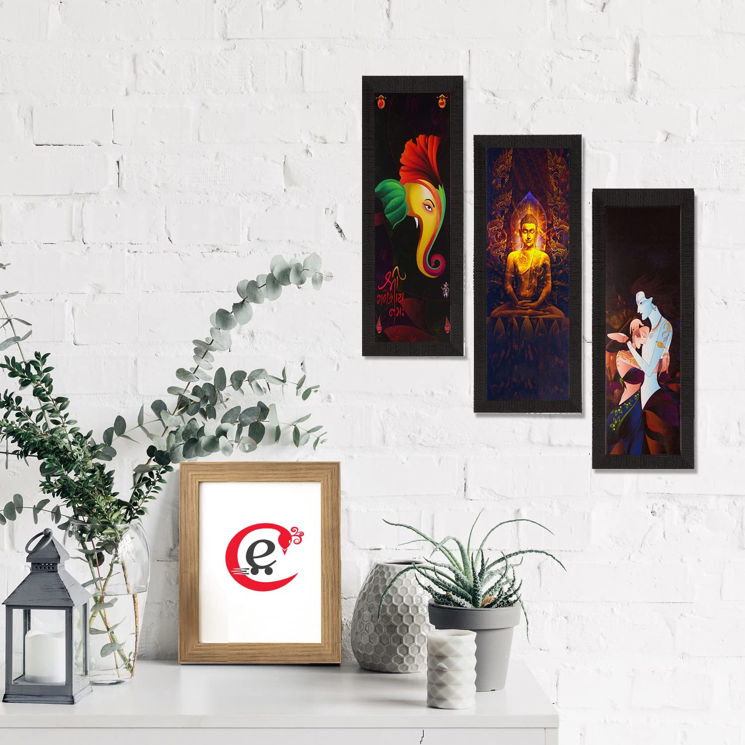 Ecraftindia Set Of 3 Lord Ganesha, Buddha, And Radha Krishna Paintings - Digital Printed Religious Wall Art For Living Room, Bed