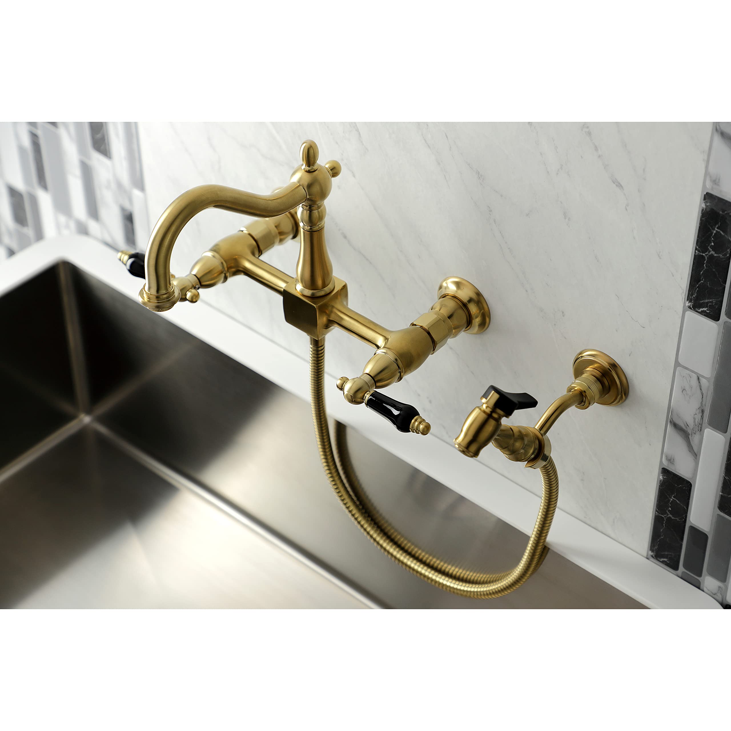 Kingston Brass KS1267PKLBS Duchess Wall Mount Bridge Kitchen Faucet with Brass Sprayer  Brushed Brass