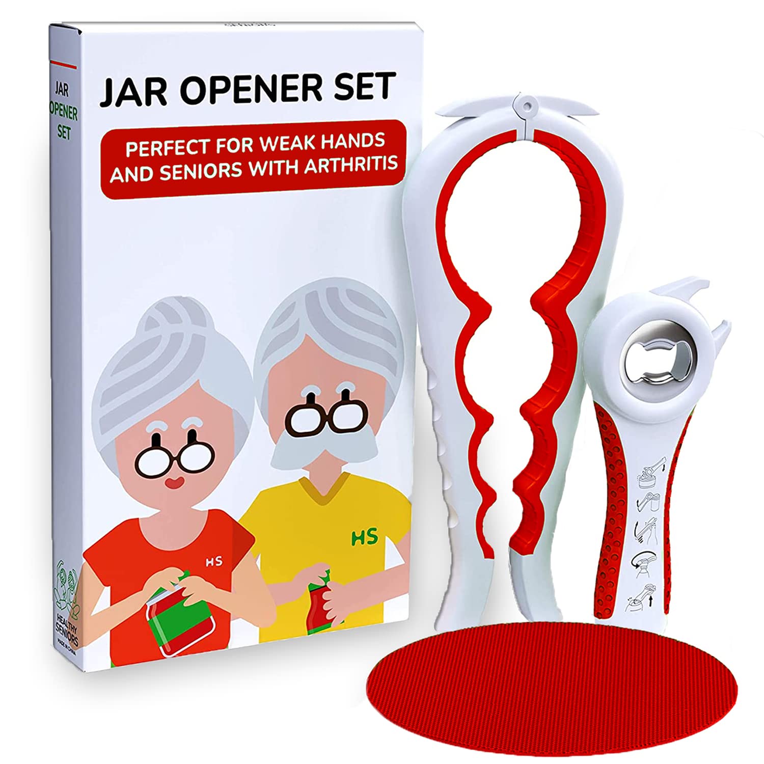 Healthy Seniors Jar Opener For Seniors With Arthritis, Easy Twist Jar Opener For Weak Hands, Multi-Function Bottle Opener For Ar