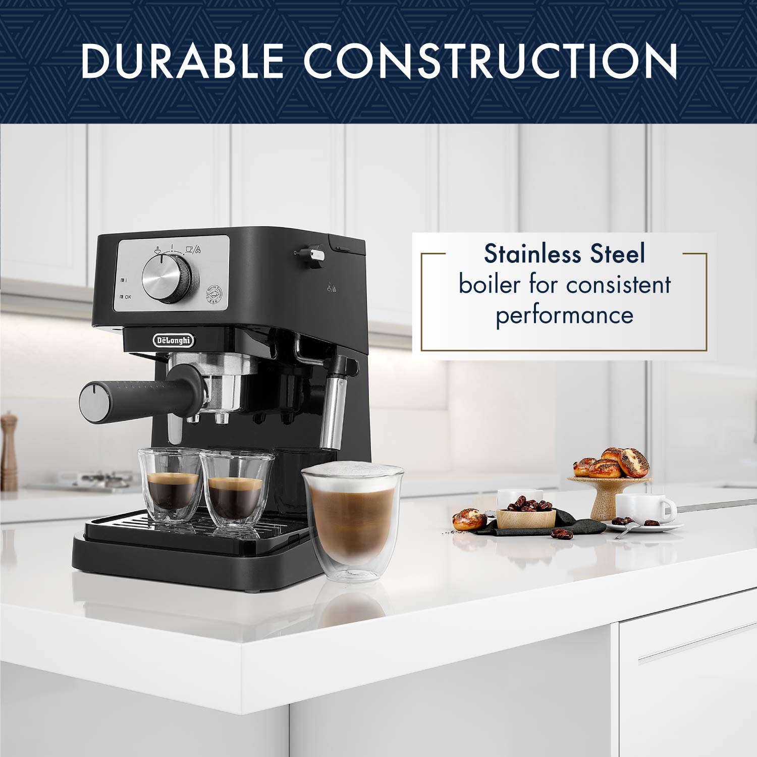 De'Longhi Stilosa Manual Espresso Machine, Latte & Cappuccino Maker, 15 Bar Pump Pressure + Milk Frother Steam Wand, Black / Sta