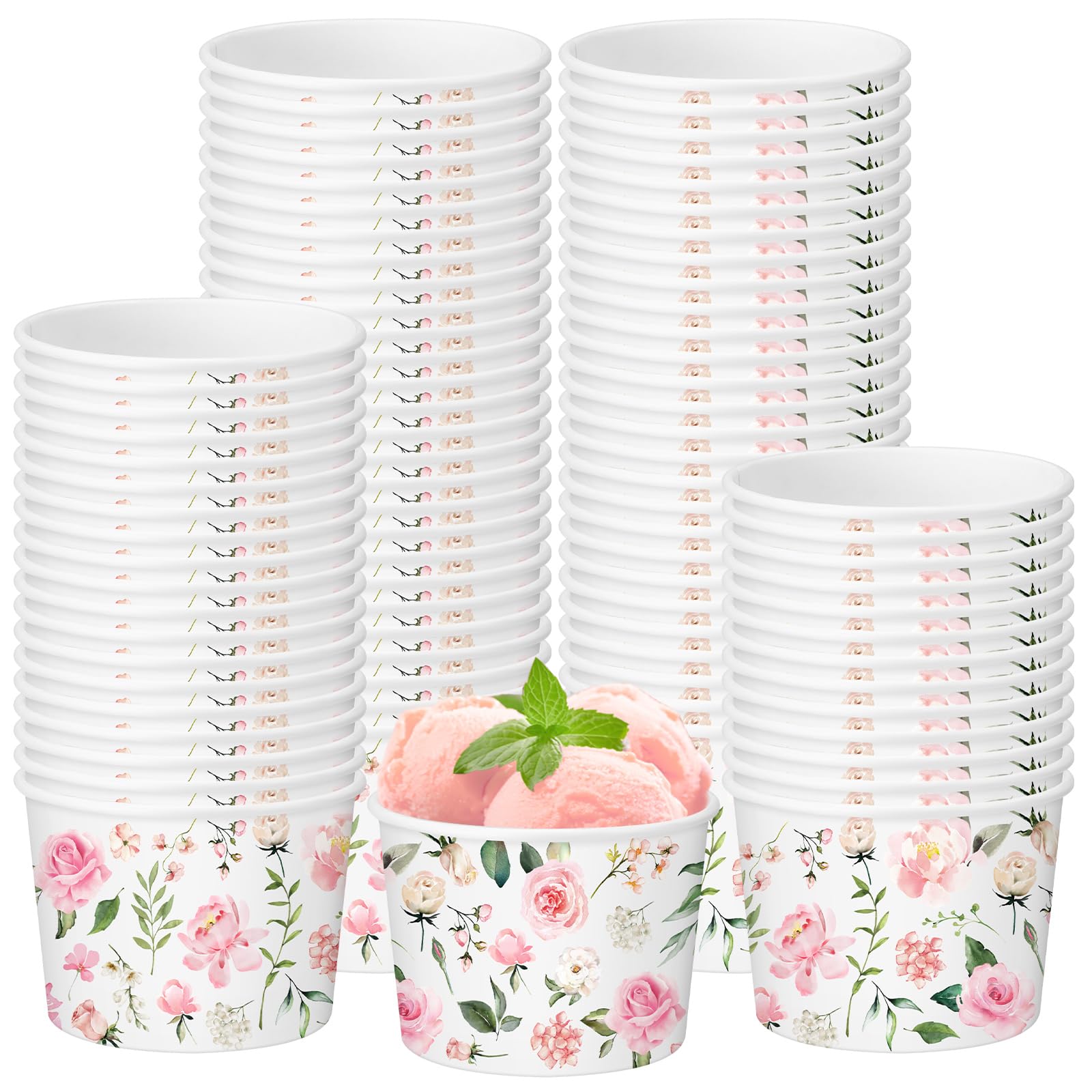 Funnymoom 50 Pack Pink Floral Treat Snack Cups Floral Paper Ice Cream Cups 9 oz Rose Flower Disposable Dessert Bowls Paper Soup 