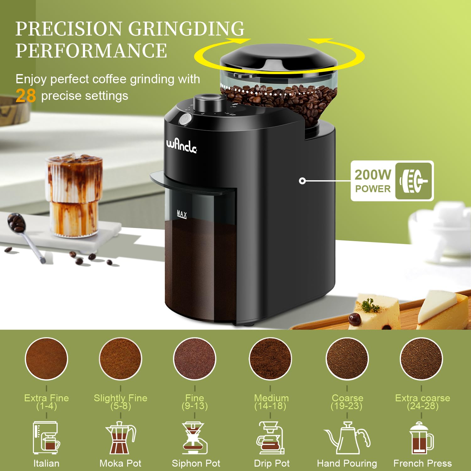 Wancle Electric Burr Coffee Grinder - Adjustable With 28 Precise Grind Settings For 12 Cups - Professional Coffee Bean Grinder