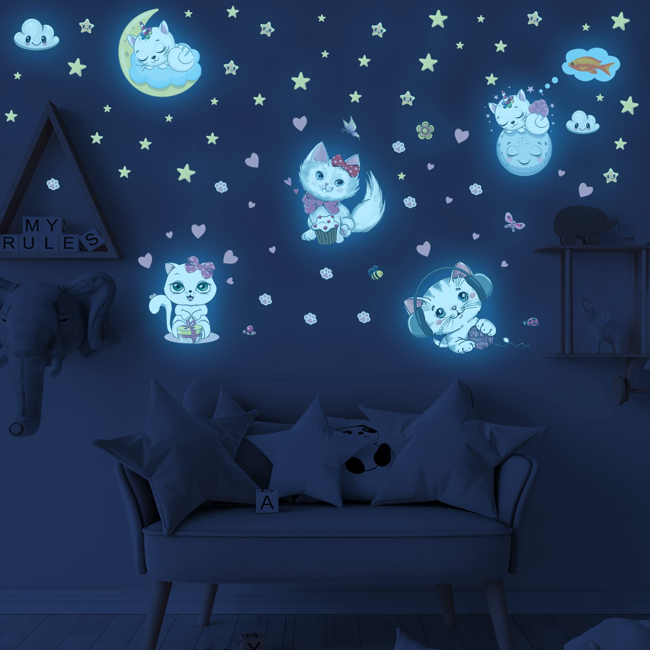 Glow in The Dark Stars for Girl's Room  Glowing Cats Cartoon Wall/Ceiling Decals  Kitten Butterflies Stickers for Kids Bedroom  Luminous Wall Decor for Nursery (Blue)