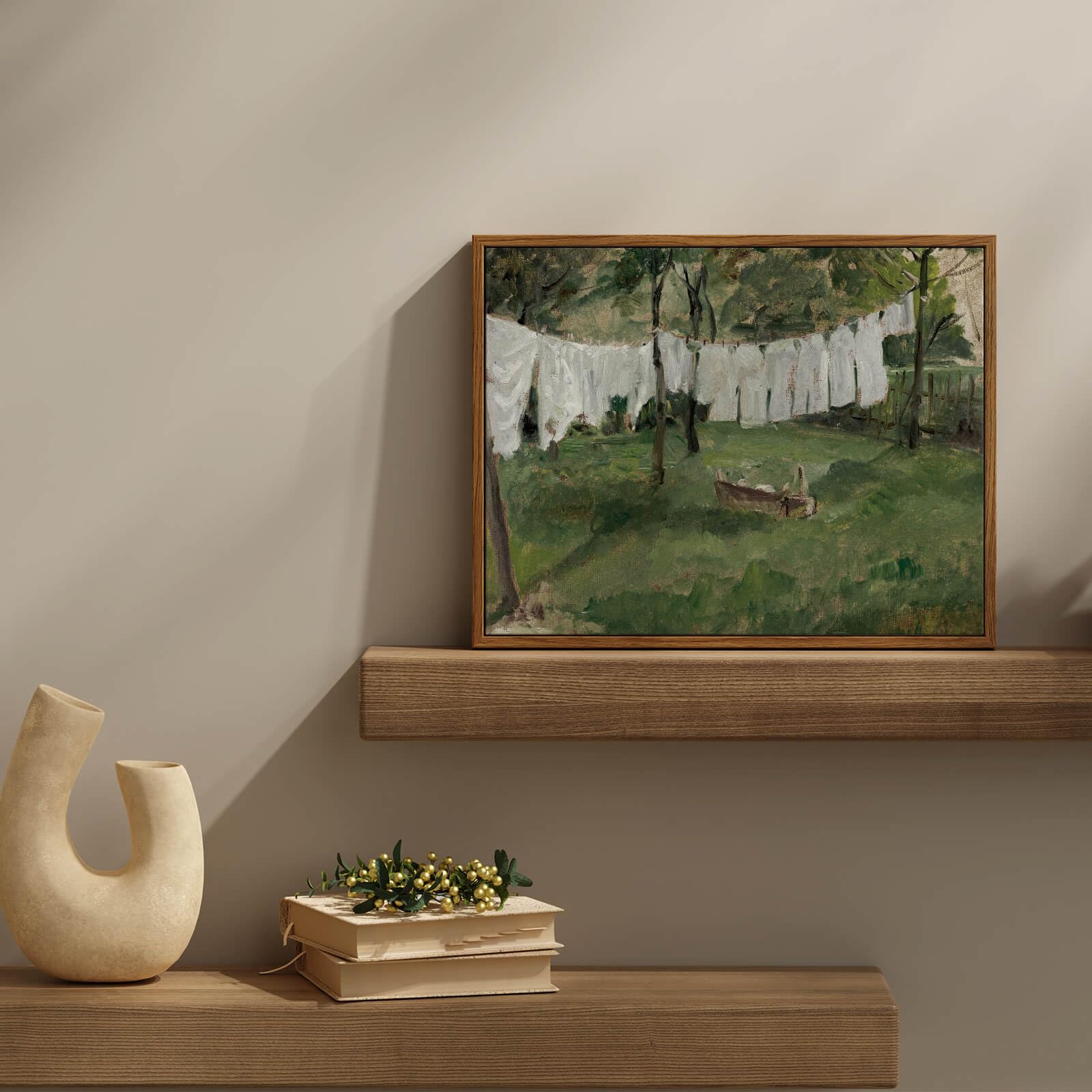Insimsea Framed Canvas Wall Art For Living Room,Vintage Laundry Room Art Print, Antique Oil Painting, Country Landscape Vintage
