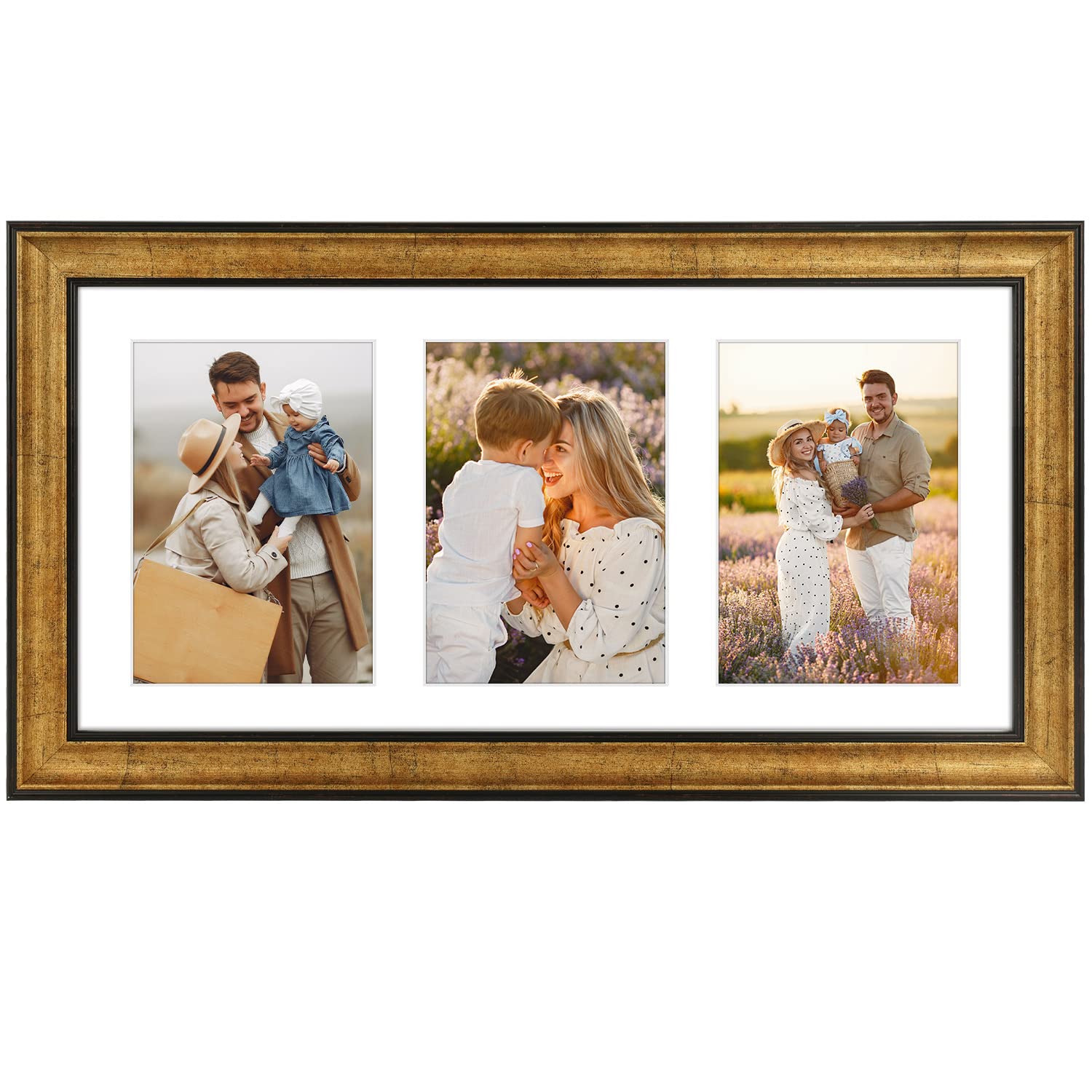 Golden State Art, 9x18 Antique Gold Frame - White Mat for Three 5x7 Pictures - Sawtooth Hangers - Wall Mounting - Landscape/Port