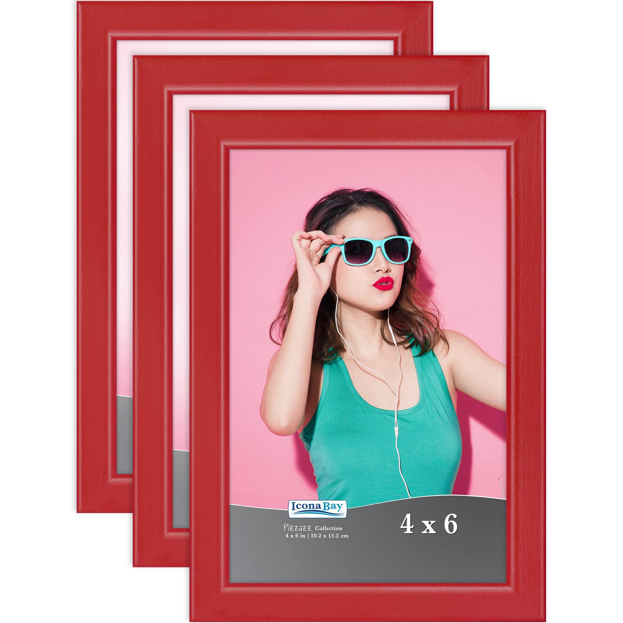 Icona Bay 4x6 Picture Frames (Red, 3 Pack), Colored Solid Wood Scandinavian Style Frames for Photo, Pizzazz Collection