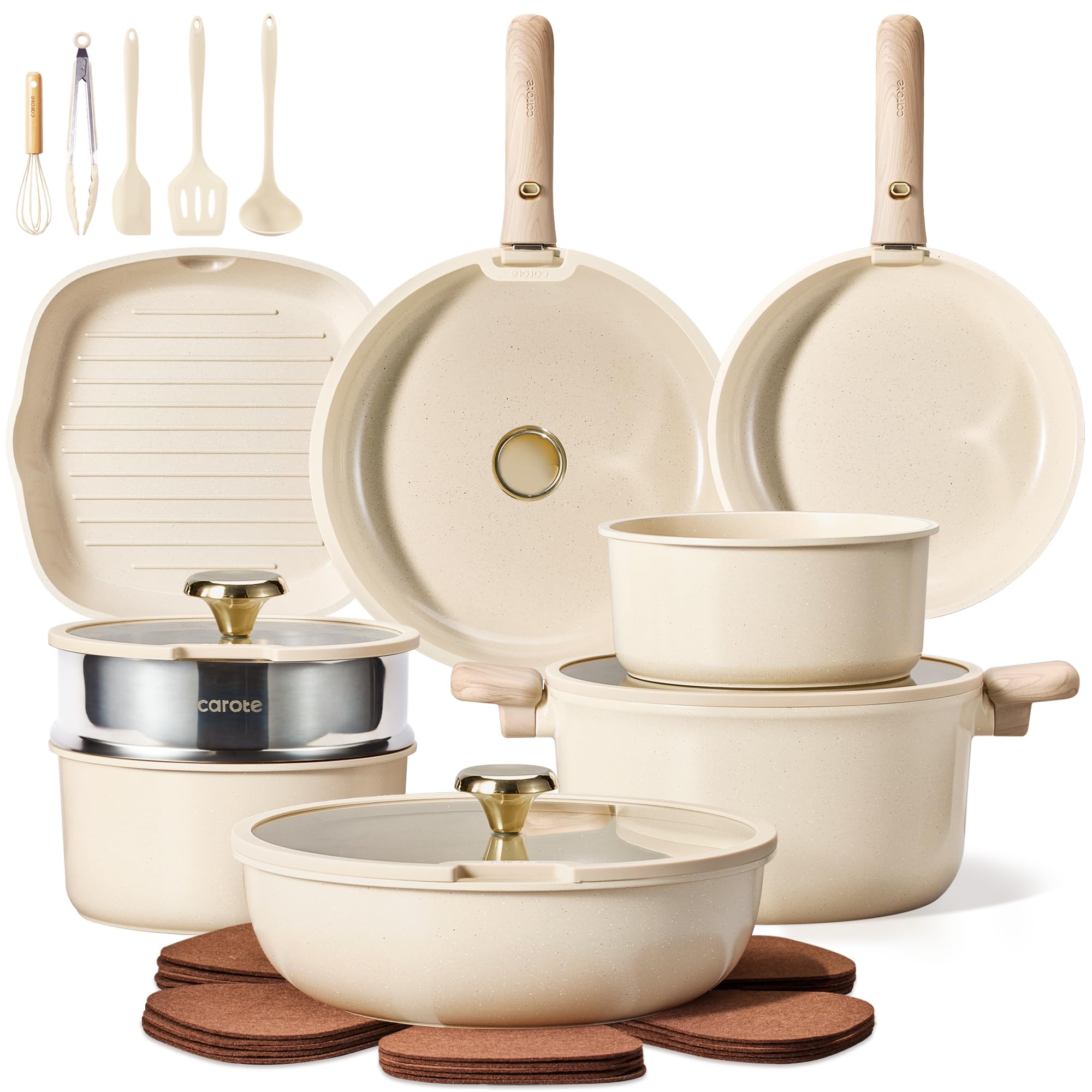 CAROTE 24Pieces Ceramic Cookware Set with Detachable Handle, NonToxic Pots and Pans Set Nonstick, Dishwasher/Oven Safe Non Stic