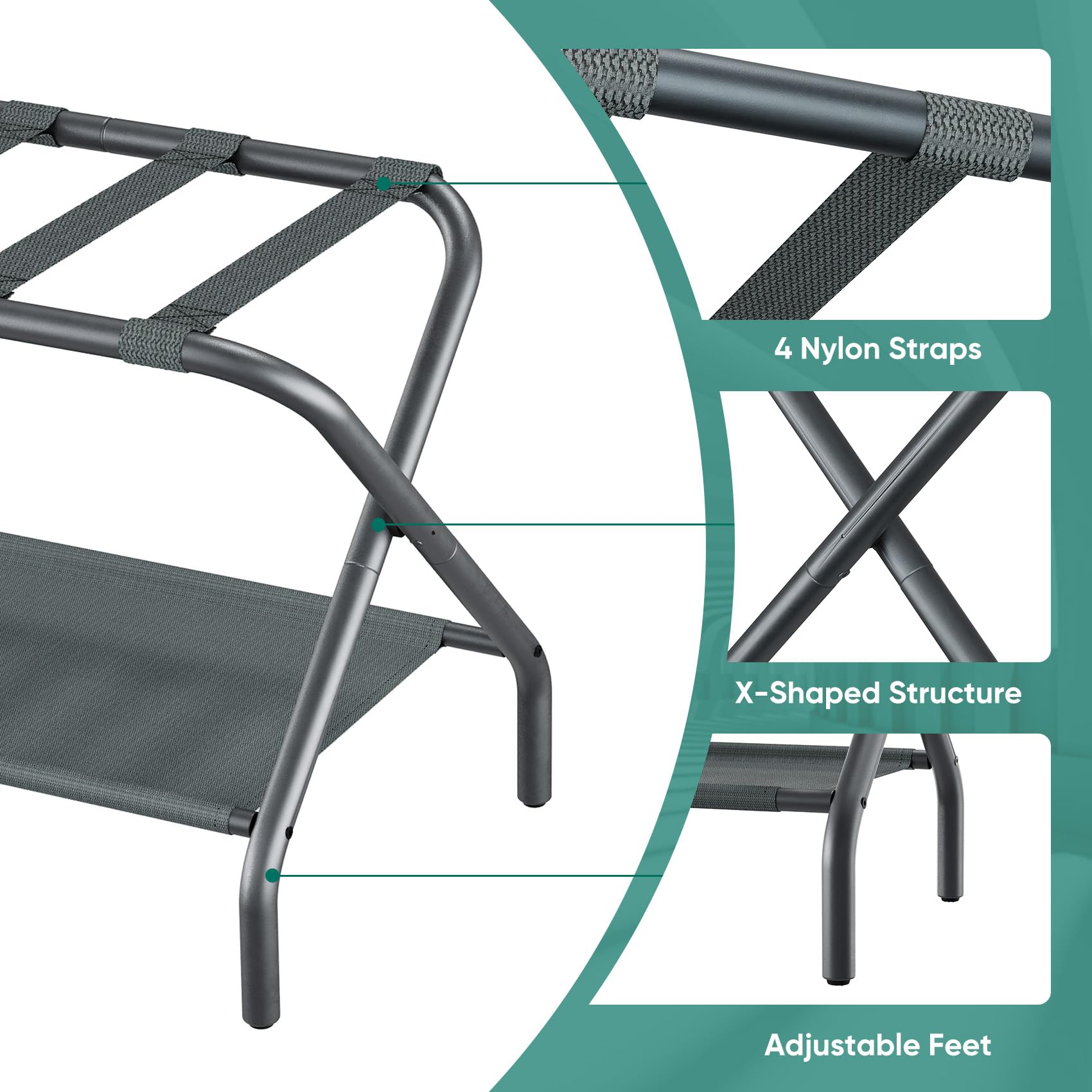 Smuxee Copper Luggage Rack, Foldable Suitcase Stand With Fabric Storage Shelf, Luggage Holder With 4 Nylon Straps For Guest Room
