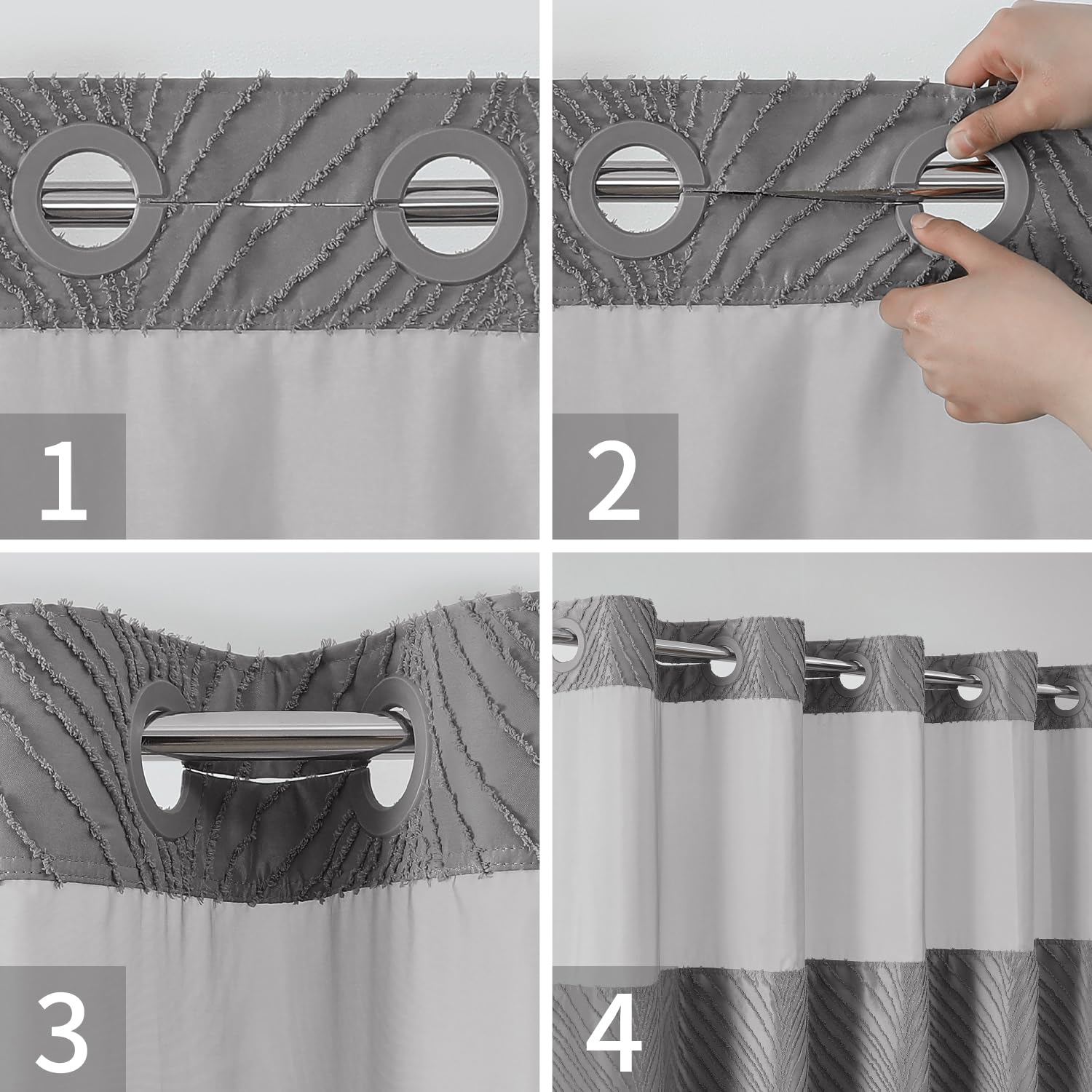 Eachope No Hook Shower Curtain And Liner Set,Boho Style With See Through Top Window, Grey Fabric Tufted Striped Textured Outer C