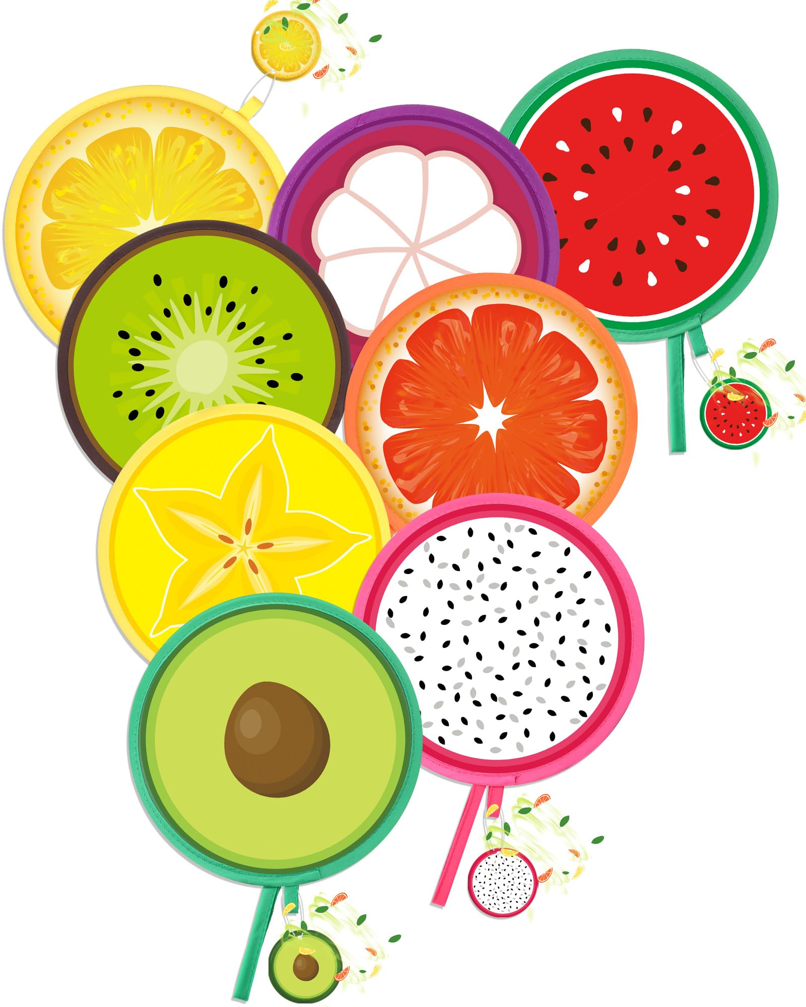 Vertintong 8 Pcs Round Foldable Hand Fan with 8 Pcs Incense Chips Summer Fruit Collapsible Cooling Fan Hanging with Fruit Air Fr