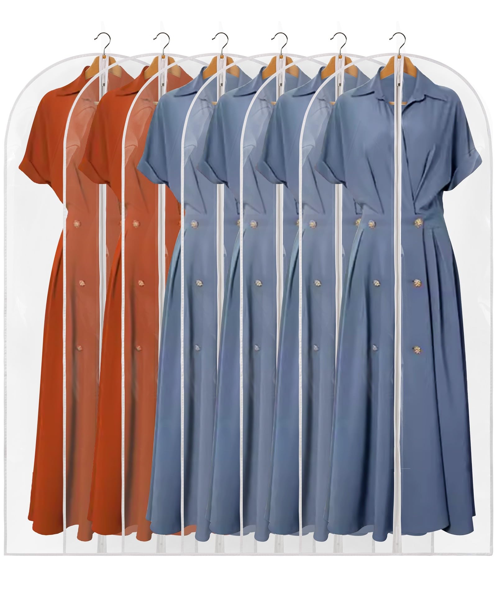 Perber 60'' Dress Bags For Gowns, 6 Packs All Clear Garment Bags For Hanging Clothes, Plastic Waterproof Dress Cover With Zipper