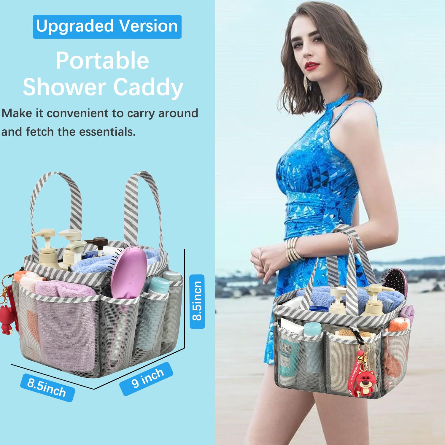 Haundry Mesh Shower Caddy Bag  Portable College Dorm Bathroom Tote  Quick Dry Holder for Camp Gym  8 Basket Pockets with Key Hook and 2 Oxford Handles  Gray