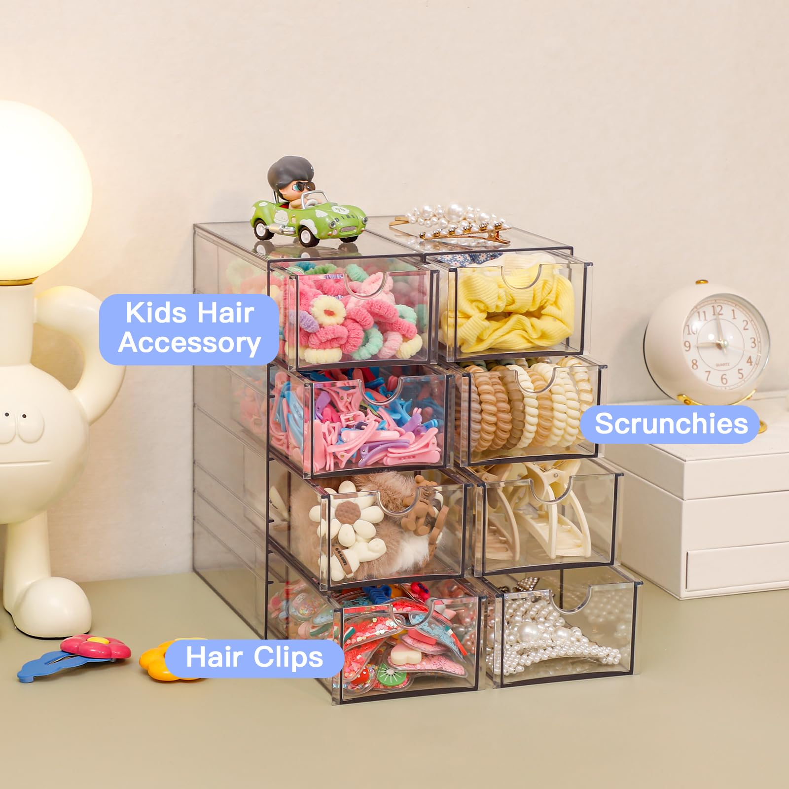 FABROK Clear Hair Accessory Organizer Box with 4 Drawers, Compact Storage Organization Drawers Set for Cosmetics, Glasses, Stati