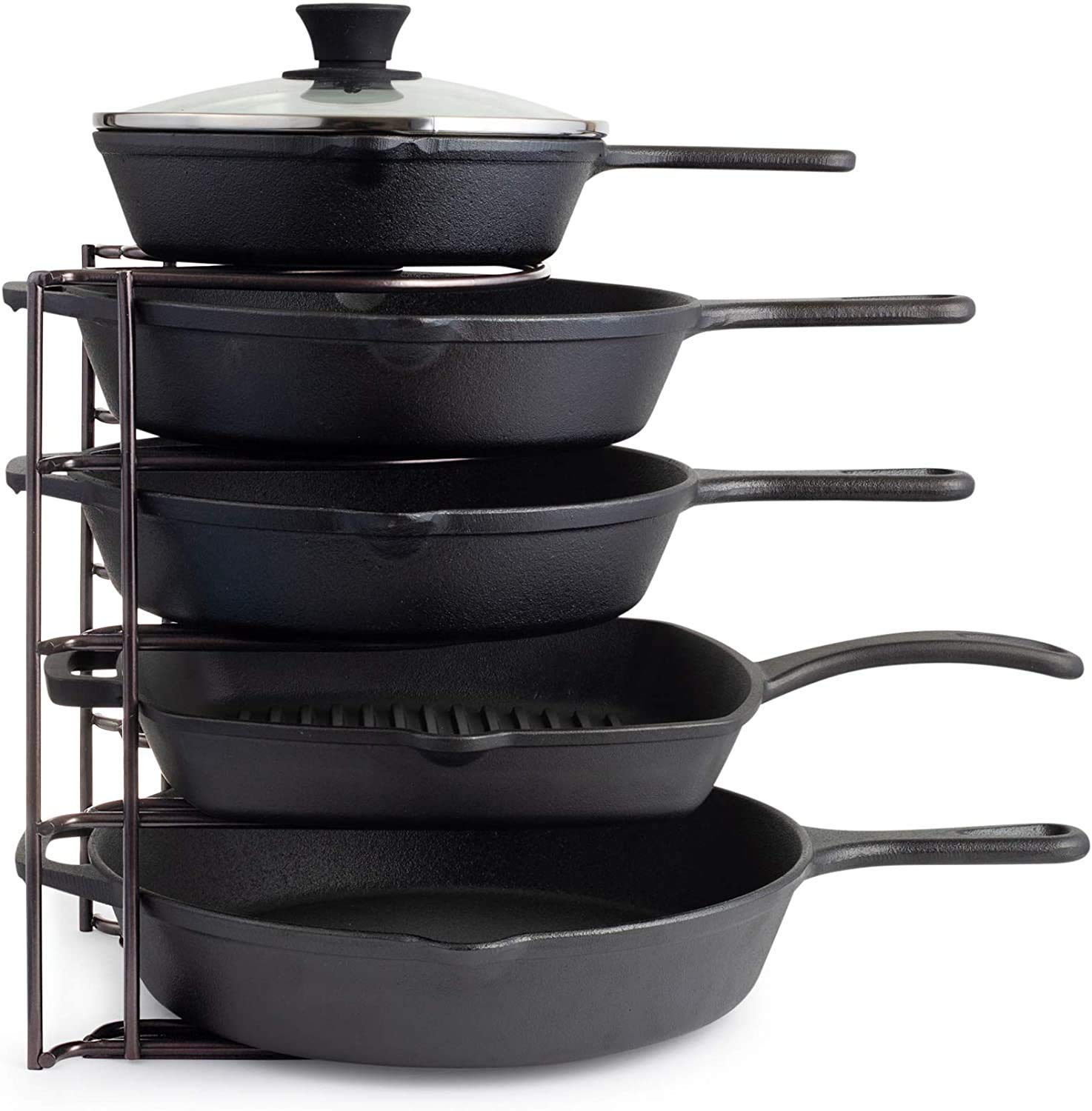 Pan Organizer, Extra Large 5 Tier Shelf  Holds Cast Iron Skillets, Dutch Oven, Griddles Durable Space Saving Kitchen Storage No