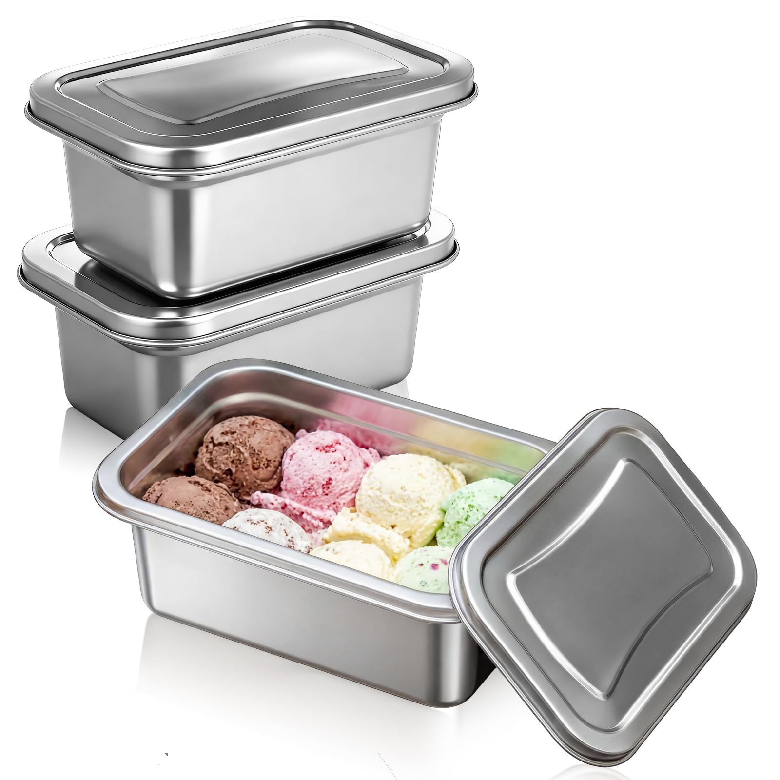 Singhoow 3 Pcs Reusable Stainless Steel Ice Cream Storage Containers with Lids 1.2 Quart Homemade Ice Cream Freezer Storage Idea