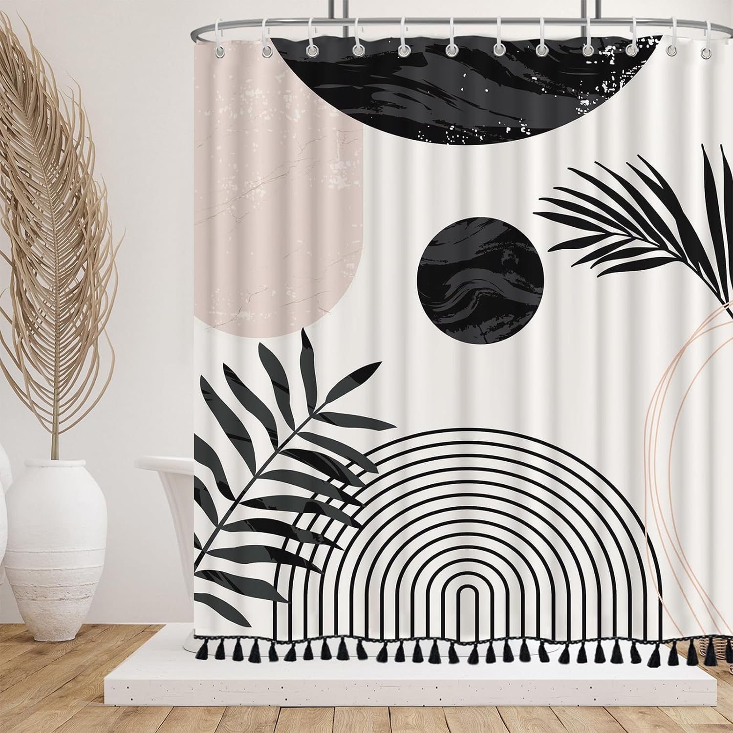 Giumsi 72'' X 84'' Black And White Boho Shower Curtain Set With Blacktassel Accents And Modern Minimalistic Design - Waterproof