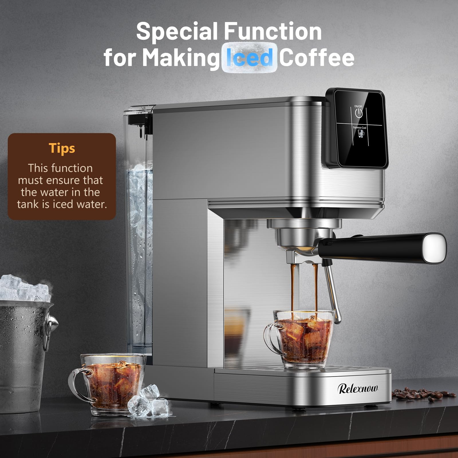 Relexnow Espresso Machine, 20 Bar Espresso Maker Milk Frother & Lcd Panel, Hot & Iced Coffee Machine, Stainless Steel Espresso C