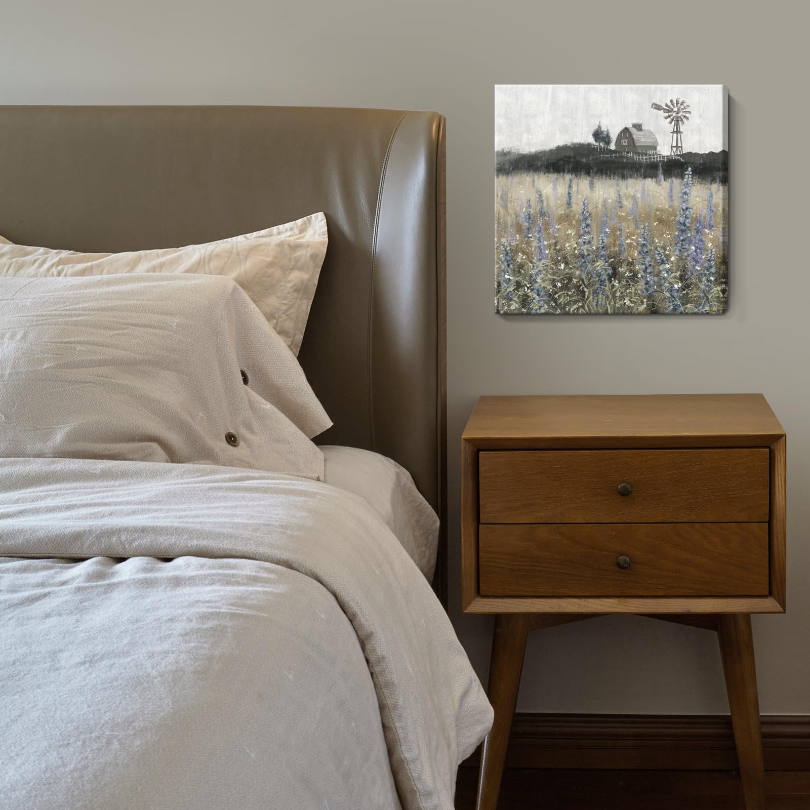 Bathroom Wall Art Vintage Farmhouse Canvas Print Retro Countryside Flower Field Nature Meadow Landscape Rustic Windmill Barn Pic