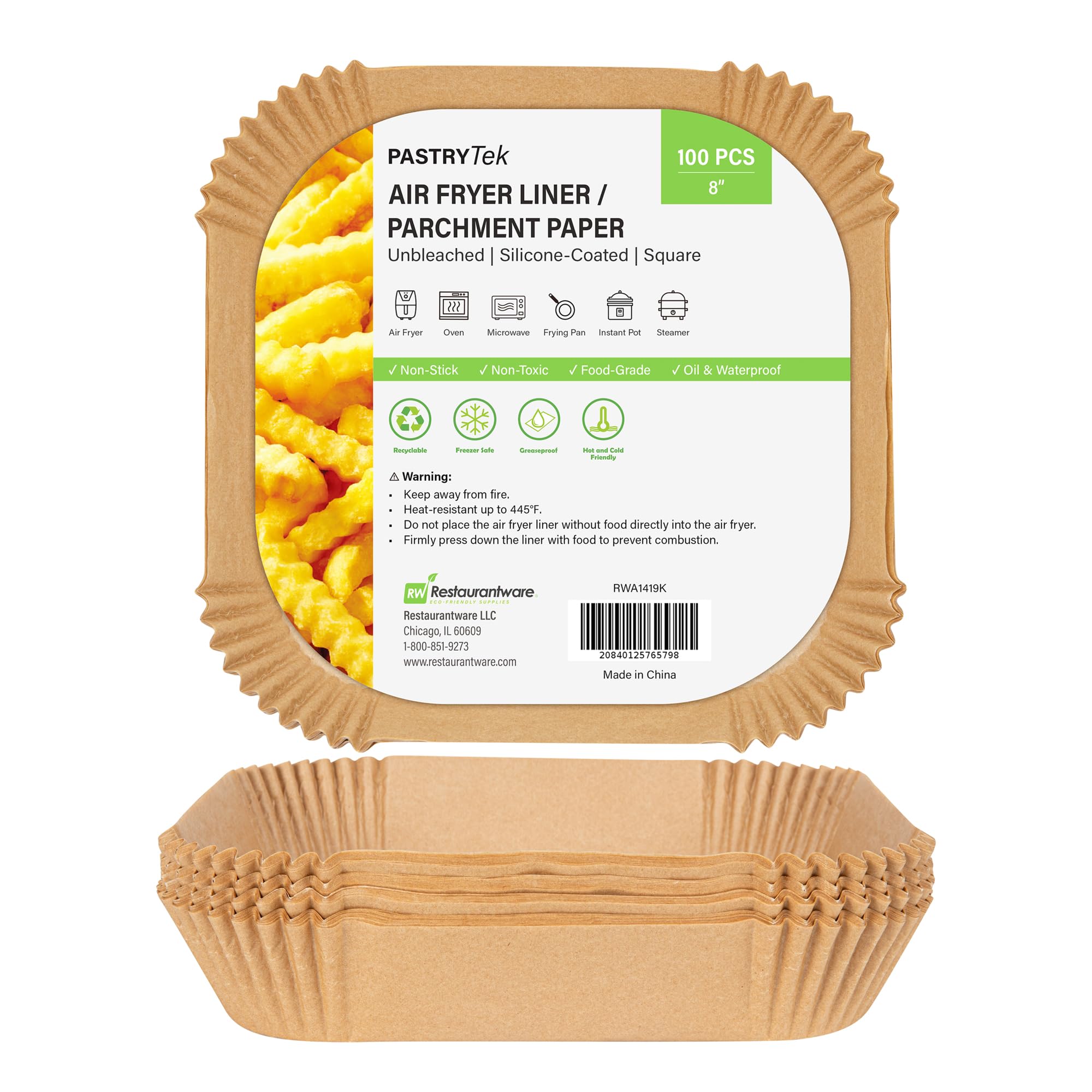 Restaurantware-Pastry Tek 8.1 x 8.1 x 1.8 Inch Air Fryer Liners, 100 Square Air Fryer Baskets - No-Stick Silicone Coating, Unble