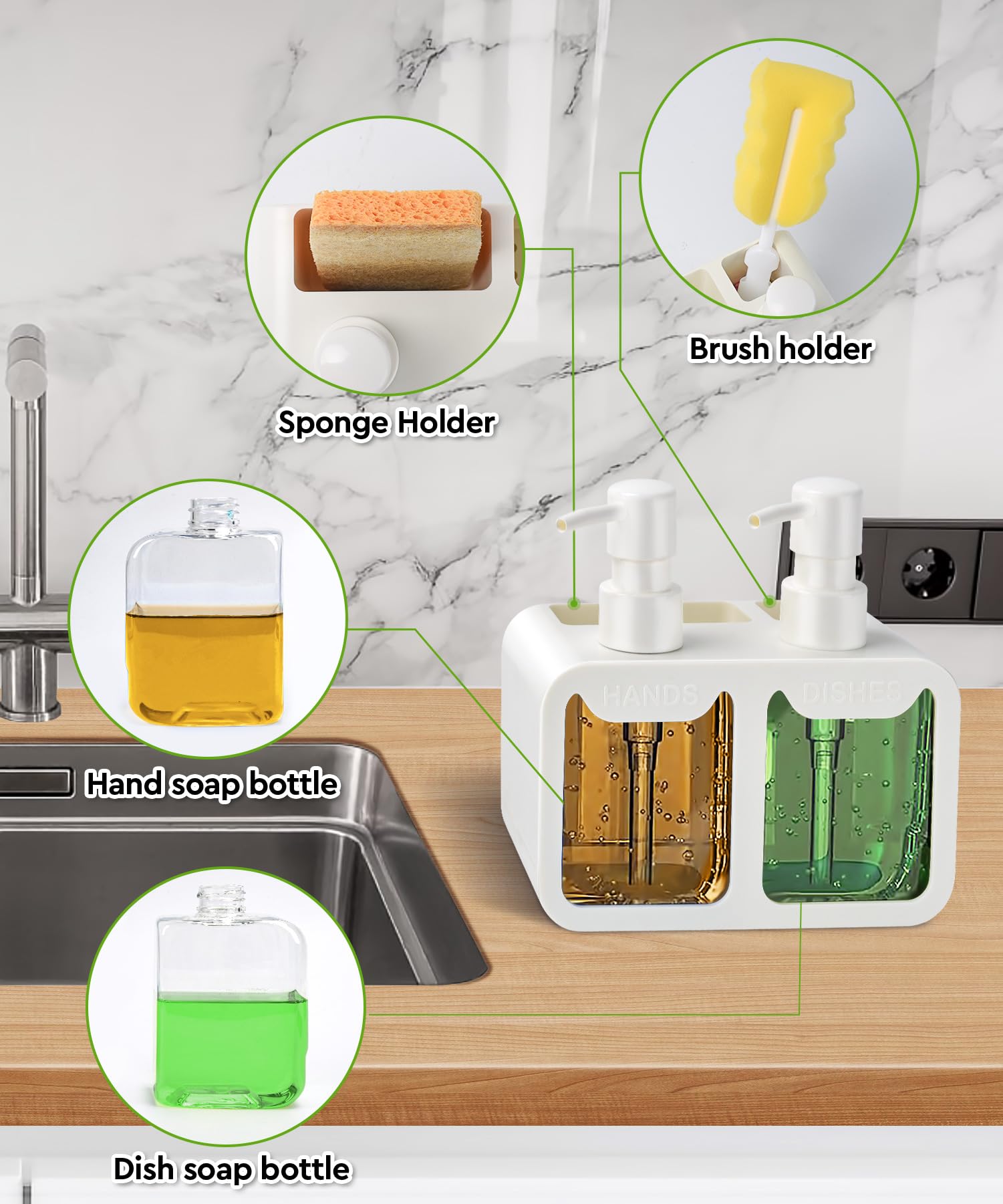 Kitchen Hand Soap and Dish Soap Dispenser Set  Dual Soap Dispenser with Sponge Caddy and Brush Holder 4-in-1 Organizer for Kitchen Sink Countertop  Useful Kitchen Gadgets - White