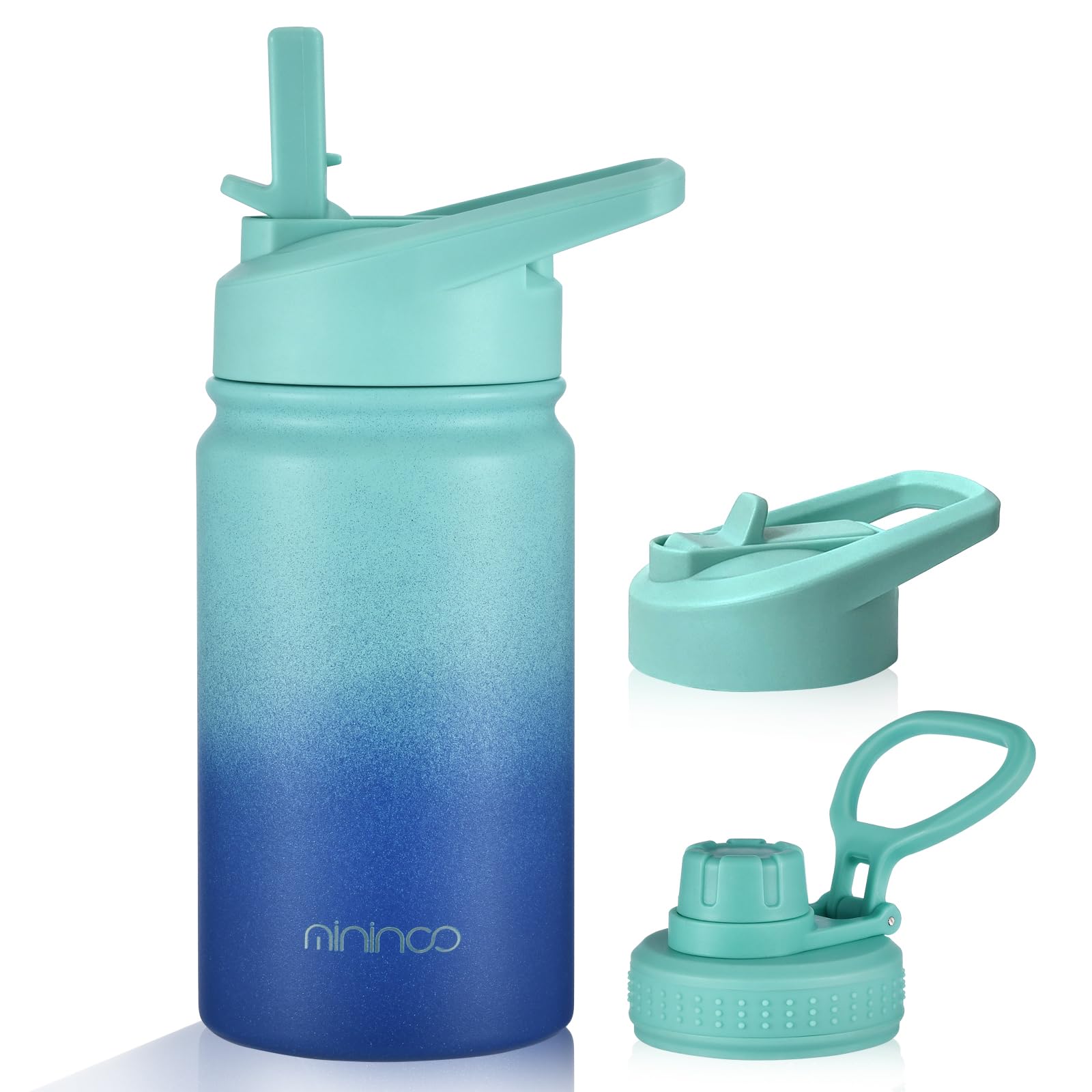 Mininoo Insulated Kids Water Bottle, 12 oz Stainless Steel Water Bottle Kids with Straw Lid and Chug Lid for Girls, Boys (Sky/Bl