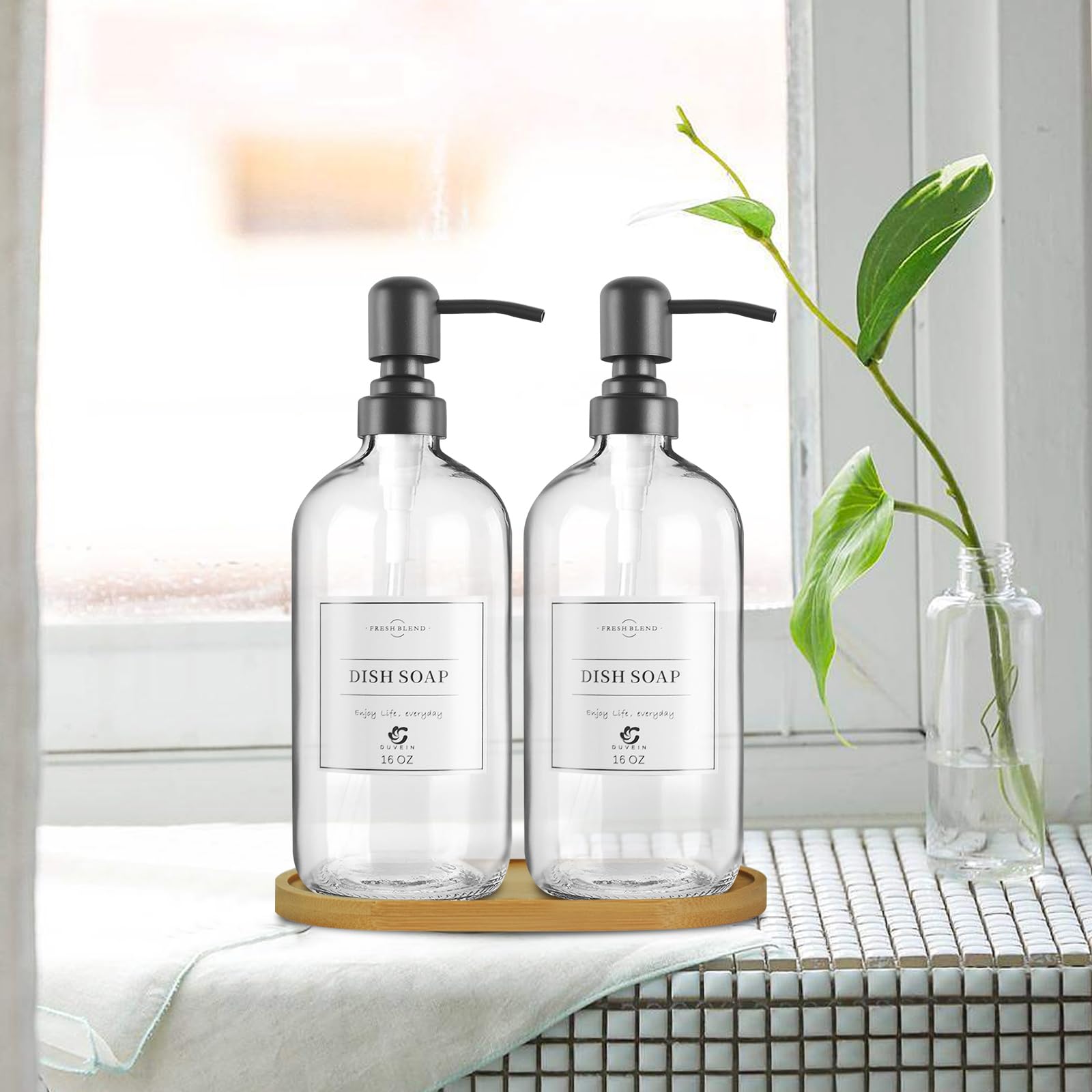 Duvein 2 Pack Clear Glass Soap Dispenser Refillable Bottles With Bamboo Tray For Kitchen Bathroom Soap Hand Soap Lotion Conditio