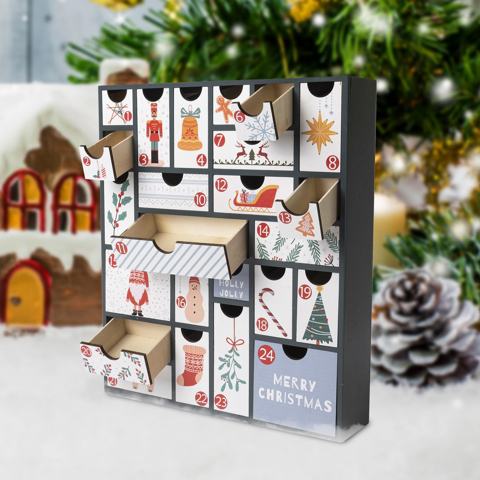 flangairy Christmas Countdown Advent Calendar 2025, 24 Days Till Fillable Wooden Holiday Nativity Calendar with Large Drawers, R