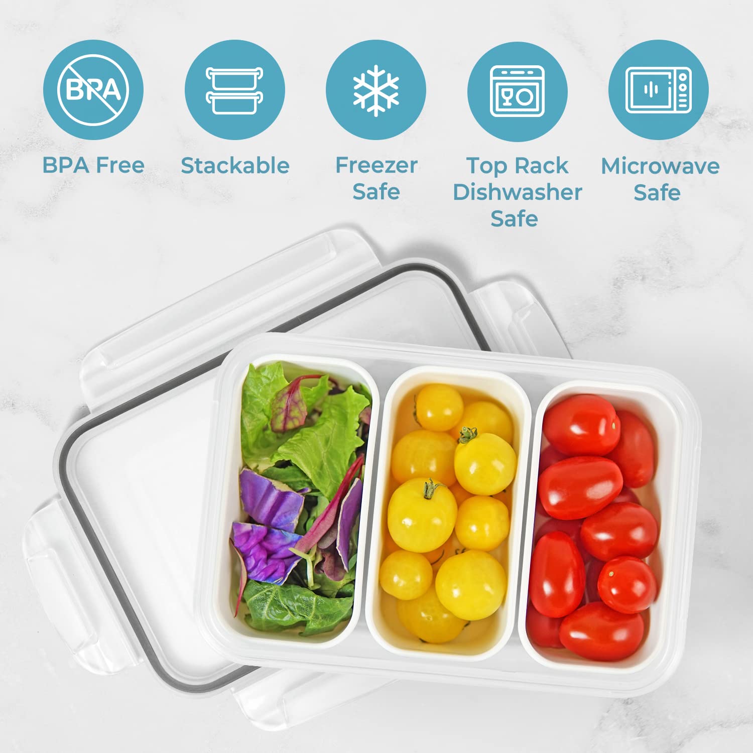 Carrotez Food Storage Containers With 3 Removable Compartments, Food Prep Container With Airtight Lids, Portion Control Containe