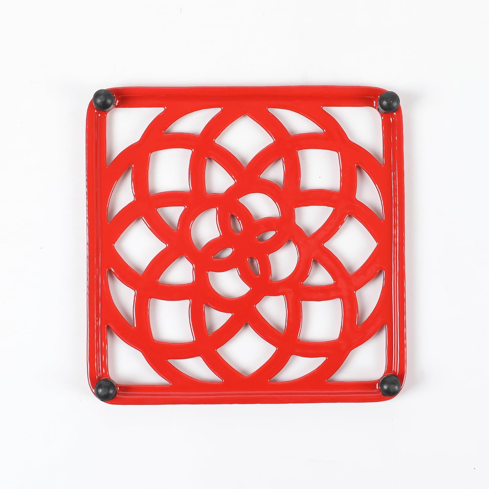 Hawok Enameled Cast Iron Square Trivet With Rubber Pegs, Metal Trivet For Hot Dishes, Red