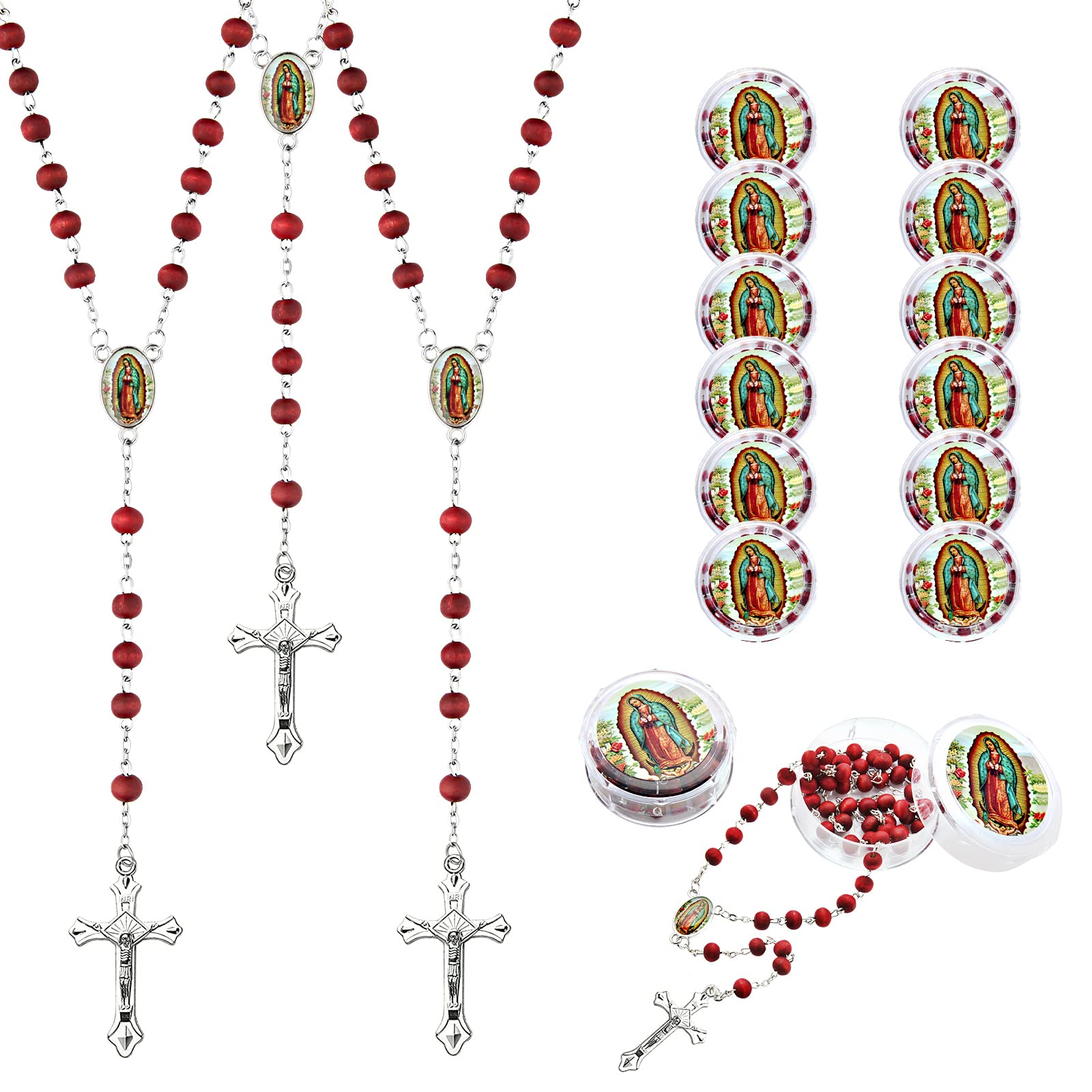 12 PCS Virgen De Guadalupe Red Rosary Beads Bulk for Baptism Favors,Rosarios Catolicos First Communion Favors for Guests,Bulk Ro