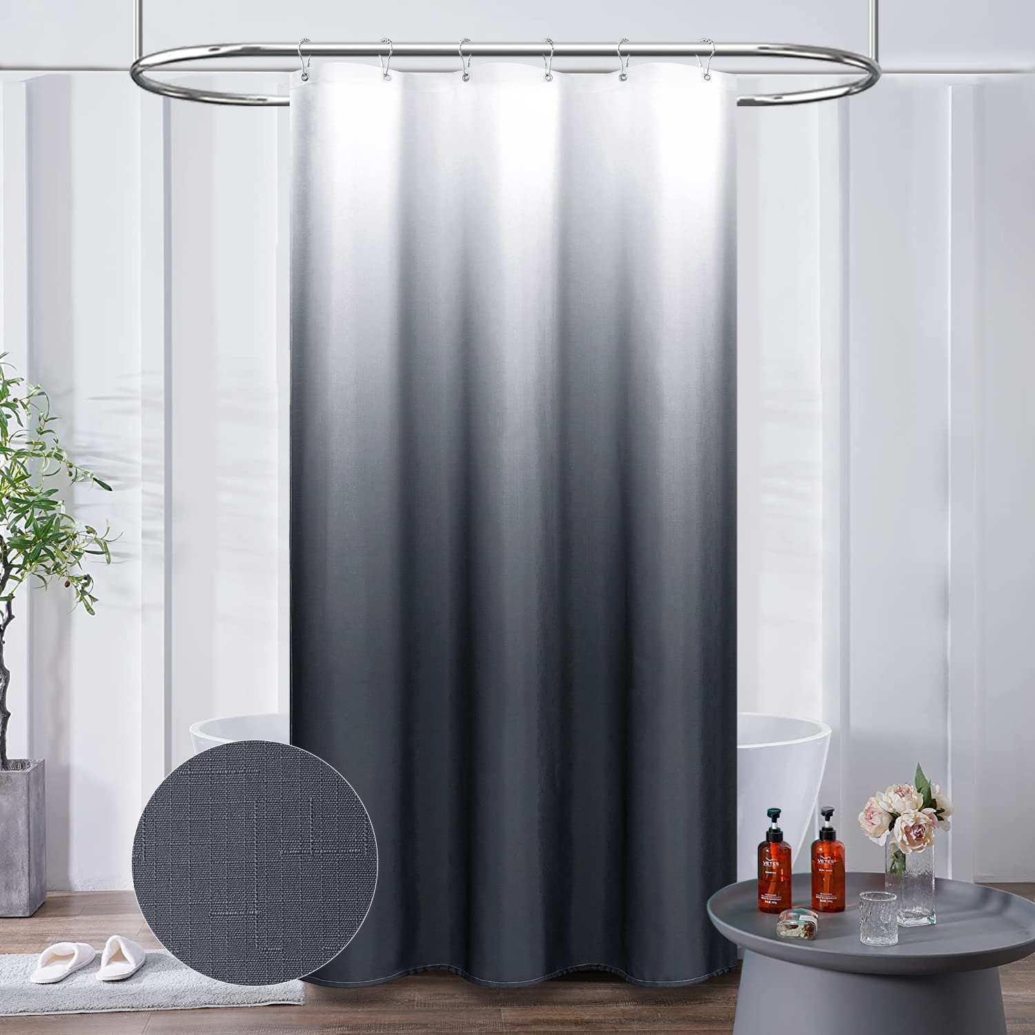 BTTN Stall Fabric Shower Curtain - 36 x 72 Inch Half Ombre Linen Textured Weighted Shower Curtain Set with 6 Metal Hooks  Narrow RV Simple Neutral Walkin Cloth Shower Curtains for Bathroom- Grey/Gray