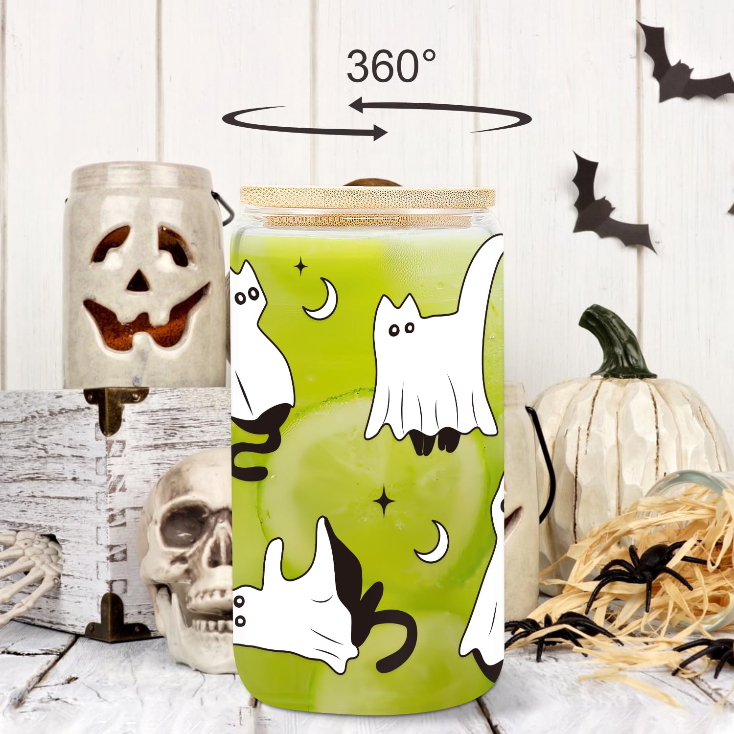 UAREHIBY Halloween Ghost Cat Iced Coffee Cup, Cute Cat Gifts for Women, 18oz Spooky Coffee Glass Cup W/Lids and Straws, Boo Bask