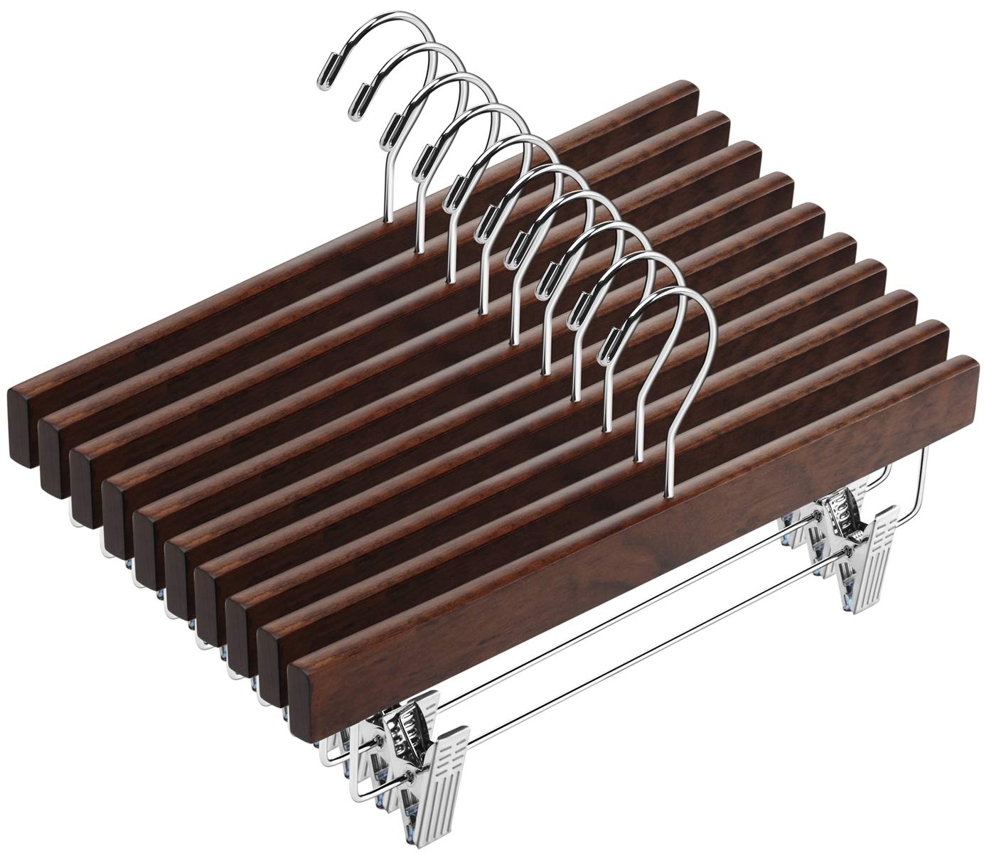 Amkufo 20Pcs Wooden Pants Hangers Solid Pants Hangers With Adjustable Clips 14 Inch Walnut Wood Skirt Hangers Trousers Bottom Ha