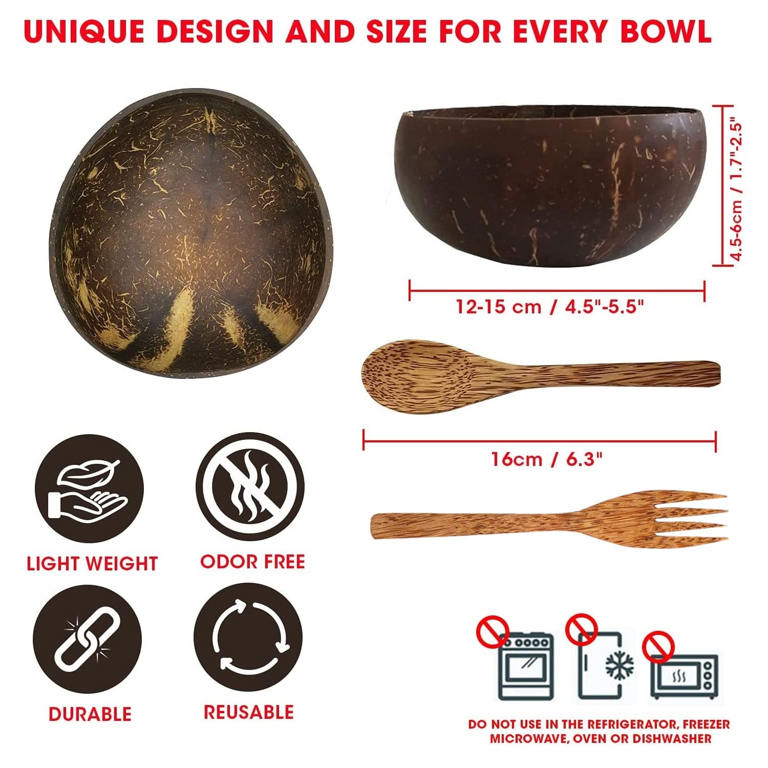 Cerem Coconut Bowl & Wooden Spoon, Fork Set - Handmade Natural Coconut Bowls For Acai, Smoothie, Buddha Bowls - Eco Friendly Veg