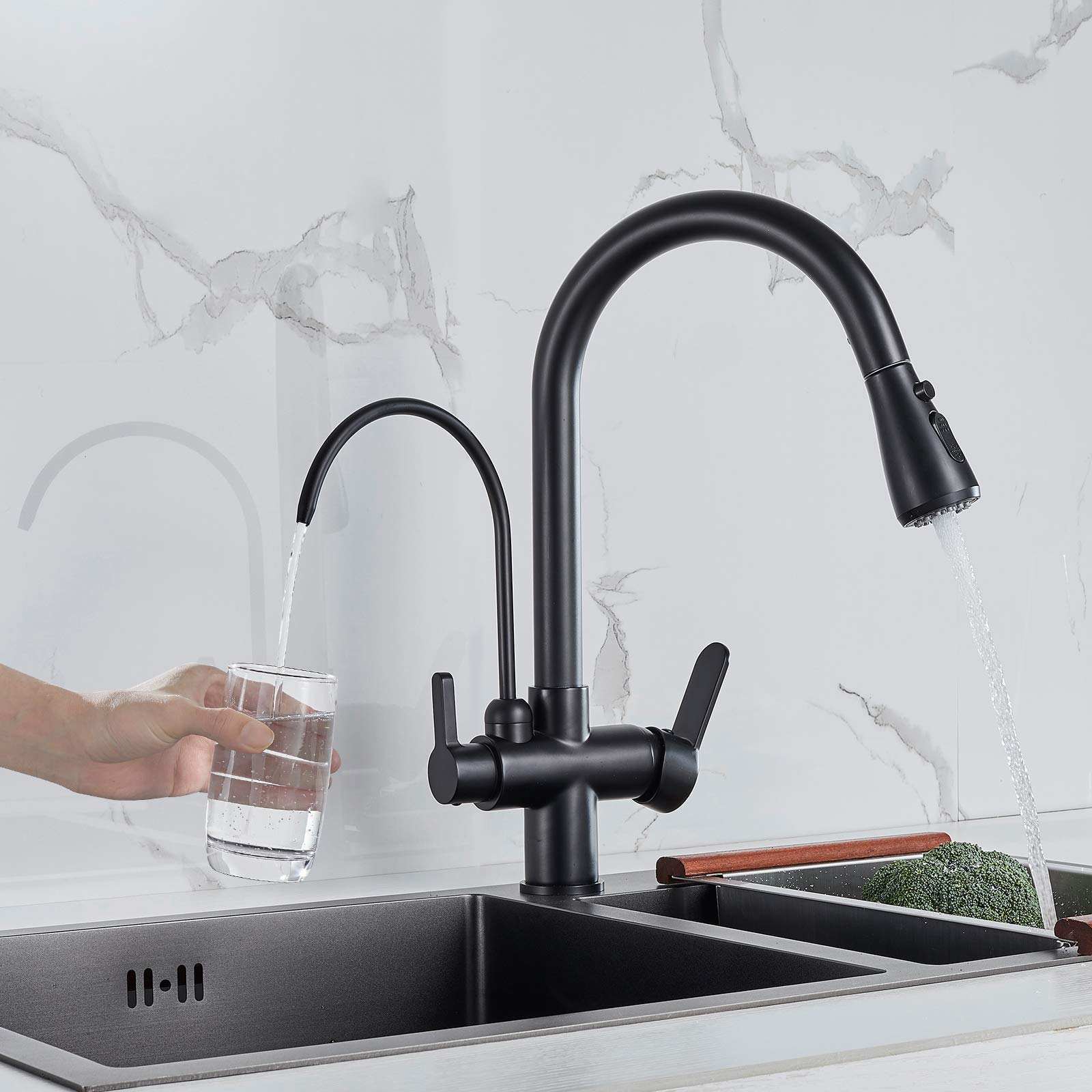 MENATT Commercial 3 in 1 Drinking Water Faucet  High Arc Water Filter Purifier Kitchen Faucets  Dual Handle Pull Out Kitchen Sink Faucet (Matte Black)