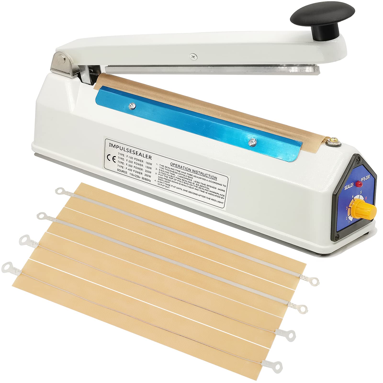 Impulse Sealer 8 Inch Heat Sealer for Plastic Bags, Plastic Mylar Bag Sealer, Iron Shell, Manual Poly Bag Heat Sealer Machine, 3
