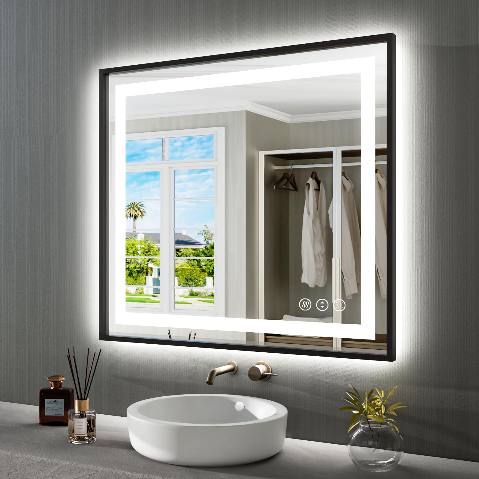 Amorho 40''X 36'' Led Bathroom Mirror With Black Frame, Front Light And Backlit, Stepless Dimmable, Anti-Fog, Shatter-Proof, Mem