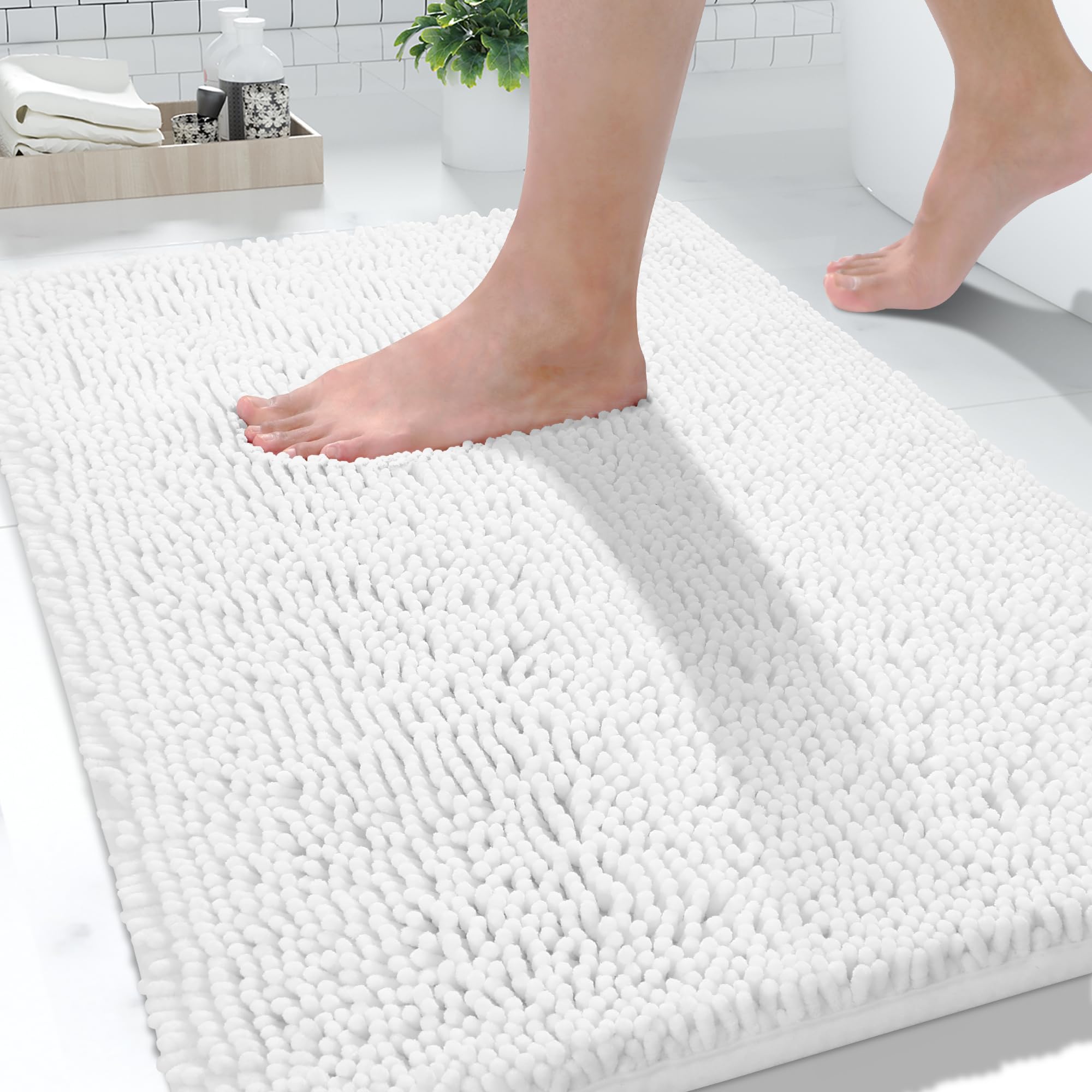 Yimobra Chenille Bathroom Rug  Extra Soft Shaggy Bath Rugs  Non-Slip Bathroom Floor Mat  Water Absorbent  Thick Durable  Machine Washable  Plush Microfiber Rugs for Shower Bathtubs  24x17 Bright White
